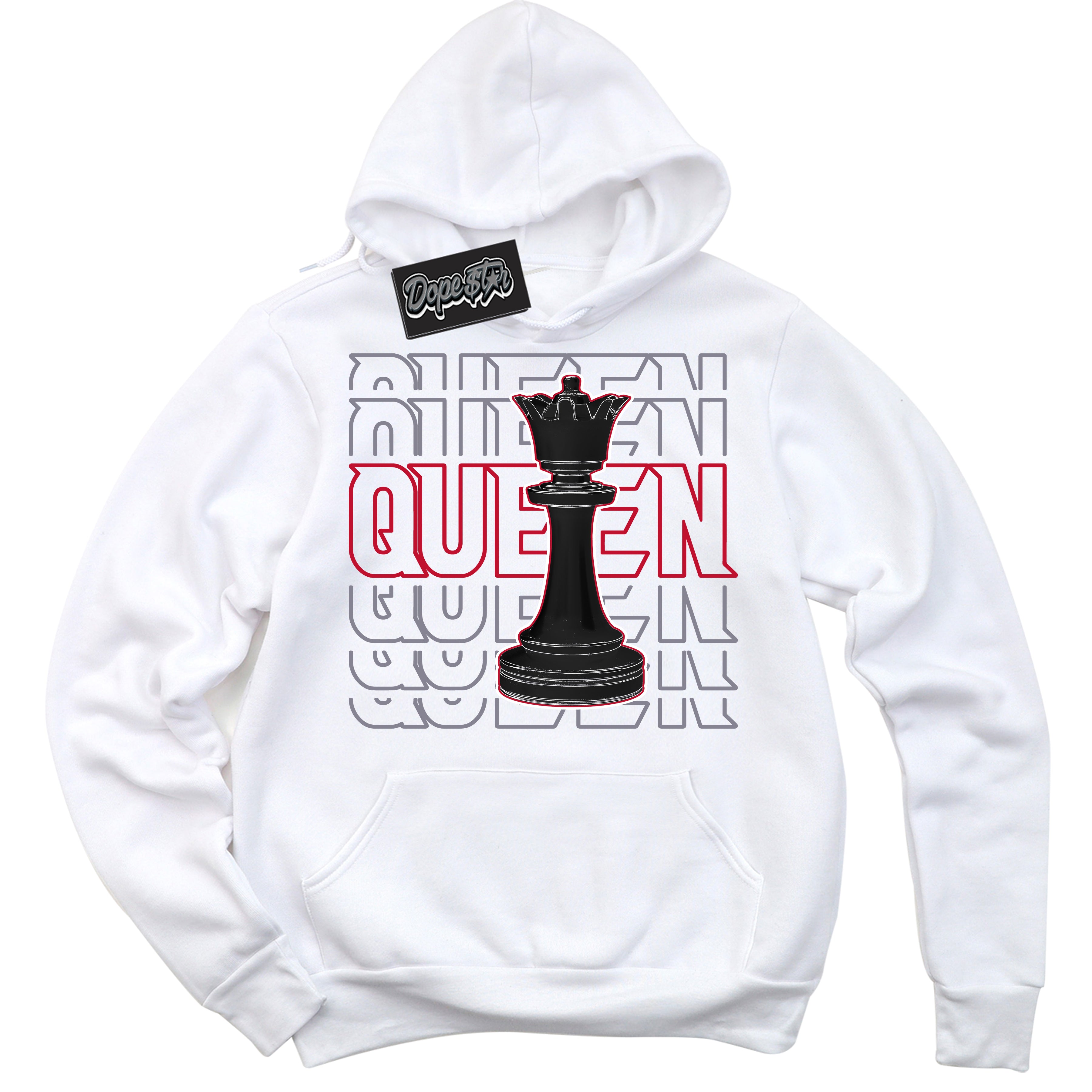 Cool White Hoodie with “ Queen Chess '' design that Perfectly Matches  Cement Grey Fire Red 1s Sneakers.