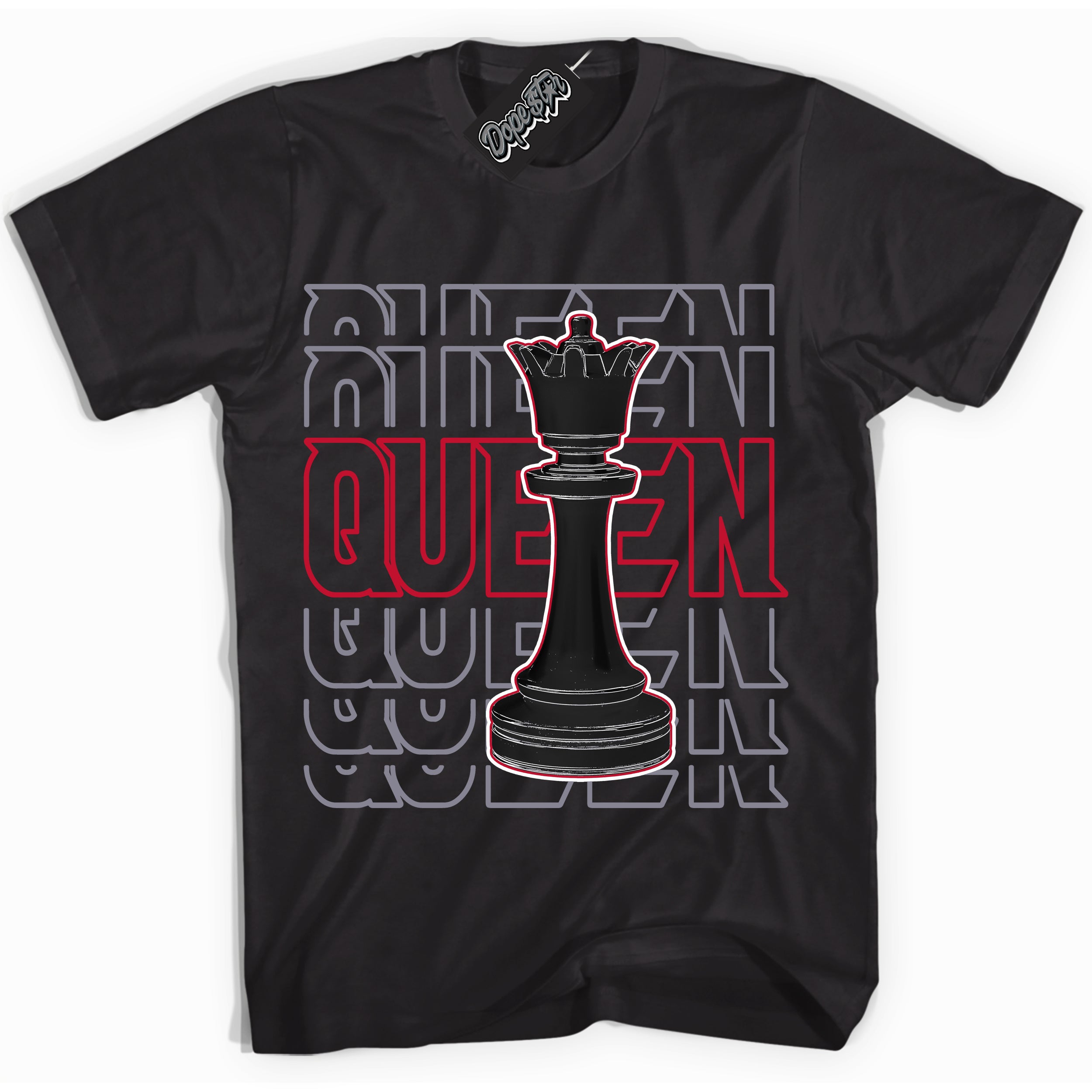 Cool Black Shirt with “ Queen Chess ” design that perfectly matches Cement Grey Fire Red 1s Sneakers.