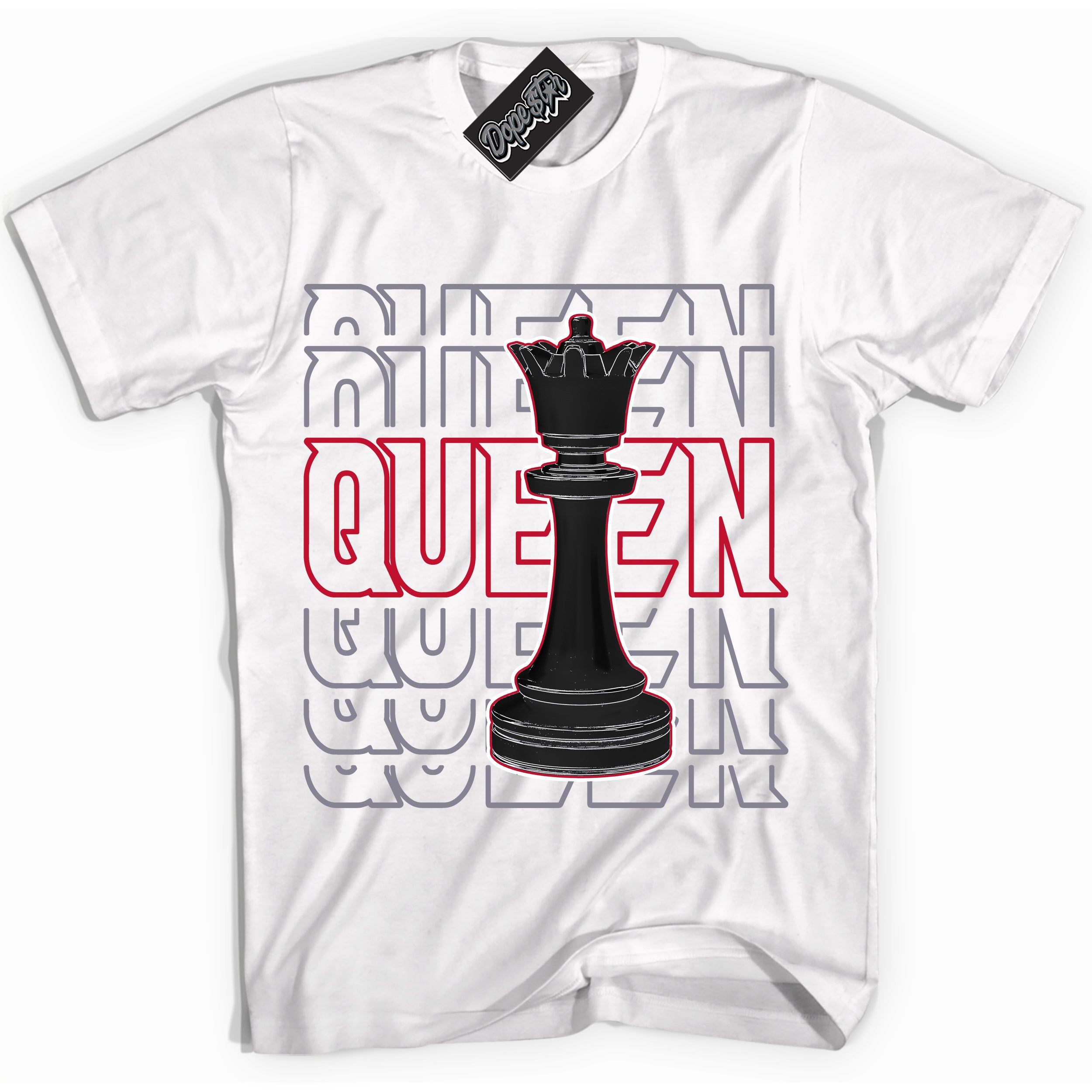 Cool White Shirt with “ Queen Chess ” design that perfectly matches Cement Grey Fire Red 1s Sneakers.