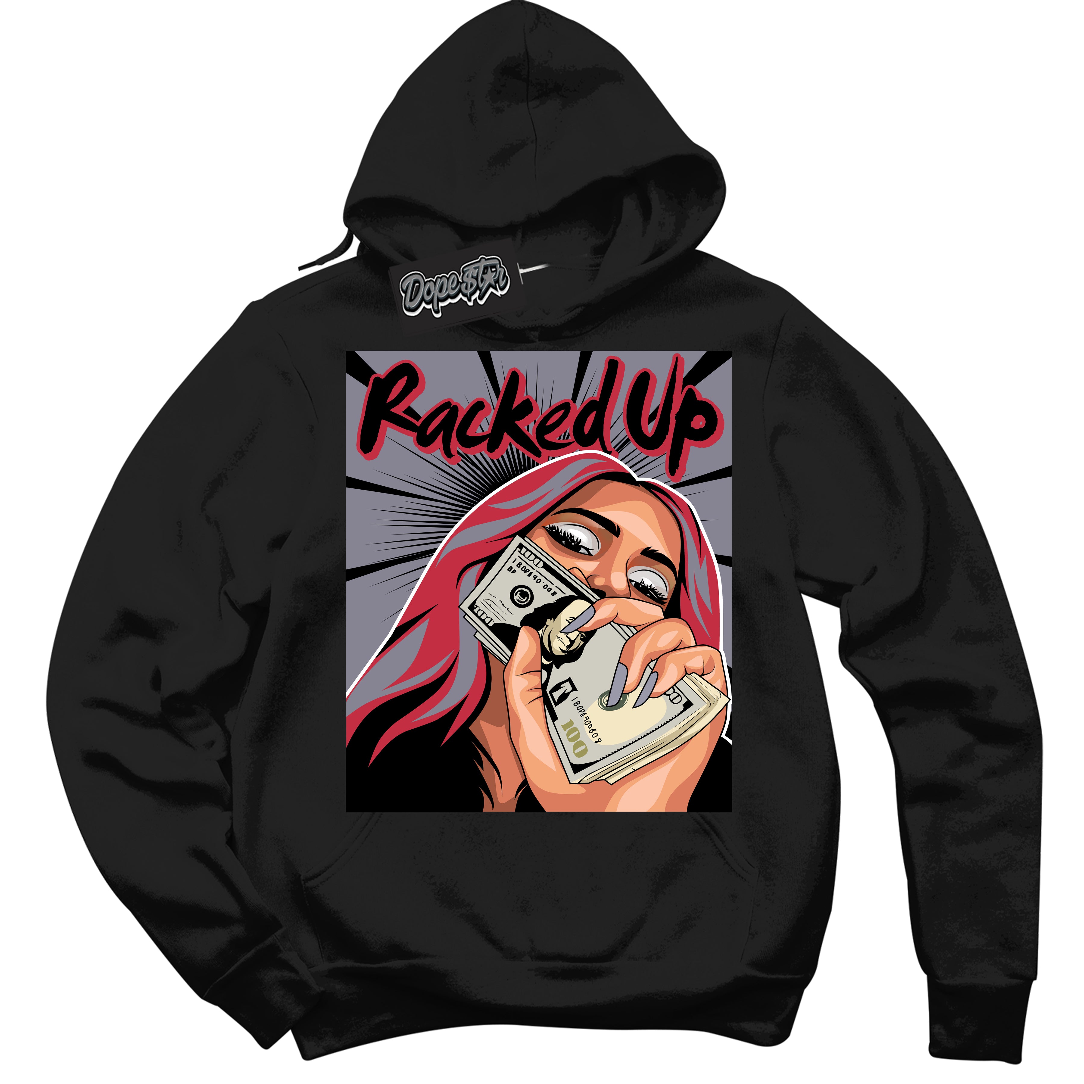 Cool Black Hoodie with “ Racked Up '' design that Perfectly Matches  Cement Grey Fire Red 1s Sneakers.