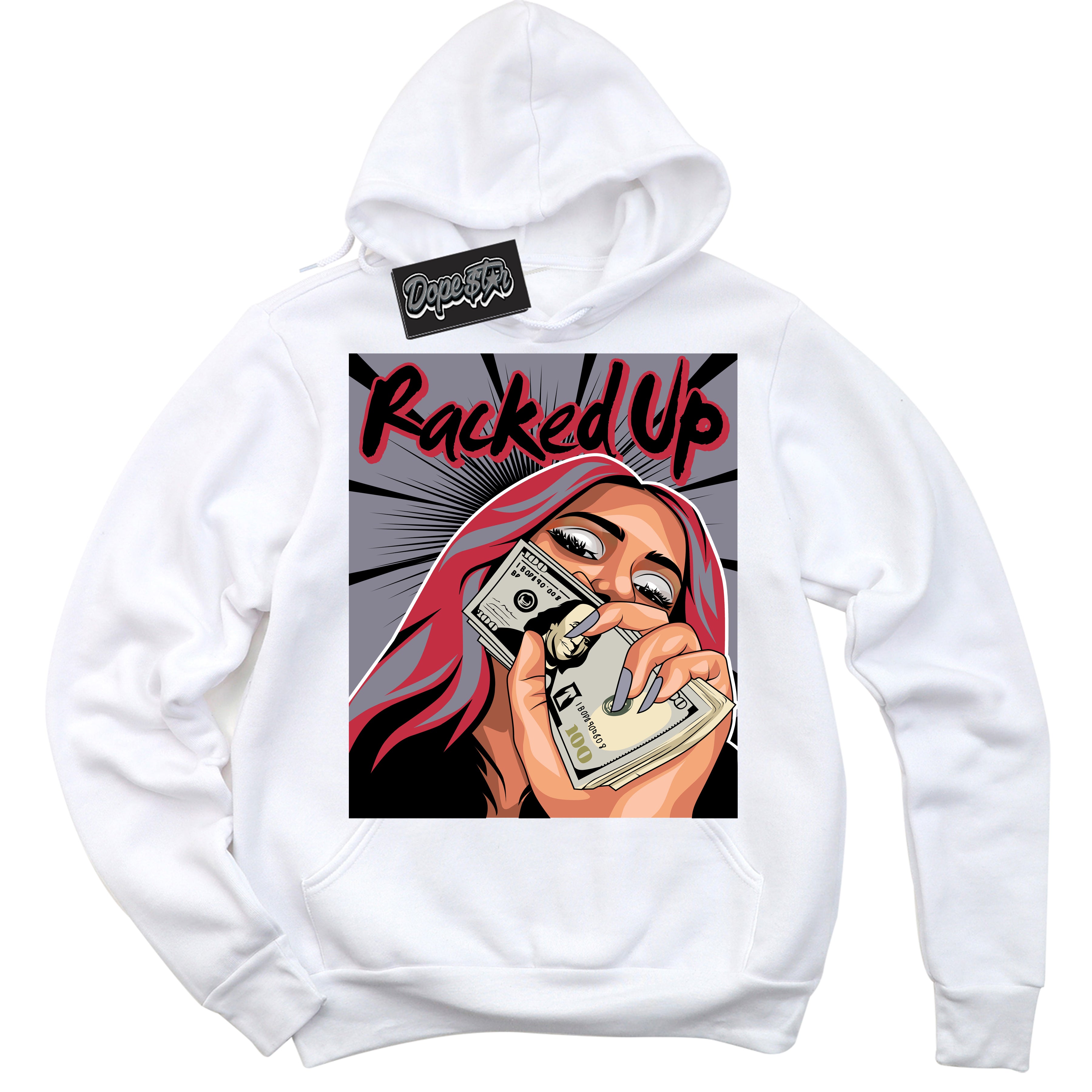 Cool White Hoodie with “ Racked Up '' design that Perfectly Matches  Cement Grey Fire Red 1s Sneakers.