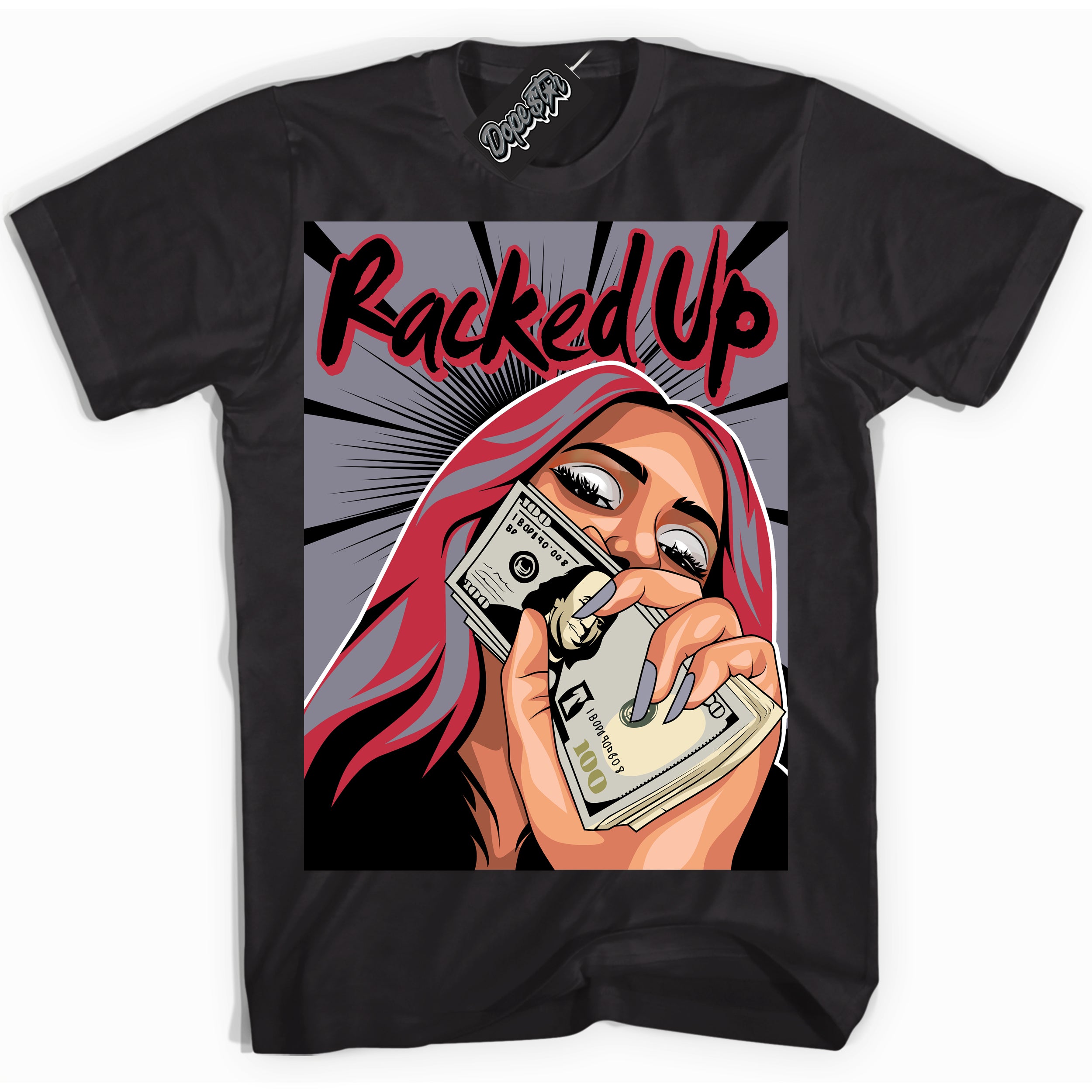 Cool Black Shirt with “ Racked Up ” design that perfectly matches Cement Grey Fire Red 1s Sneakers.