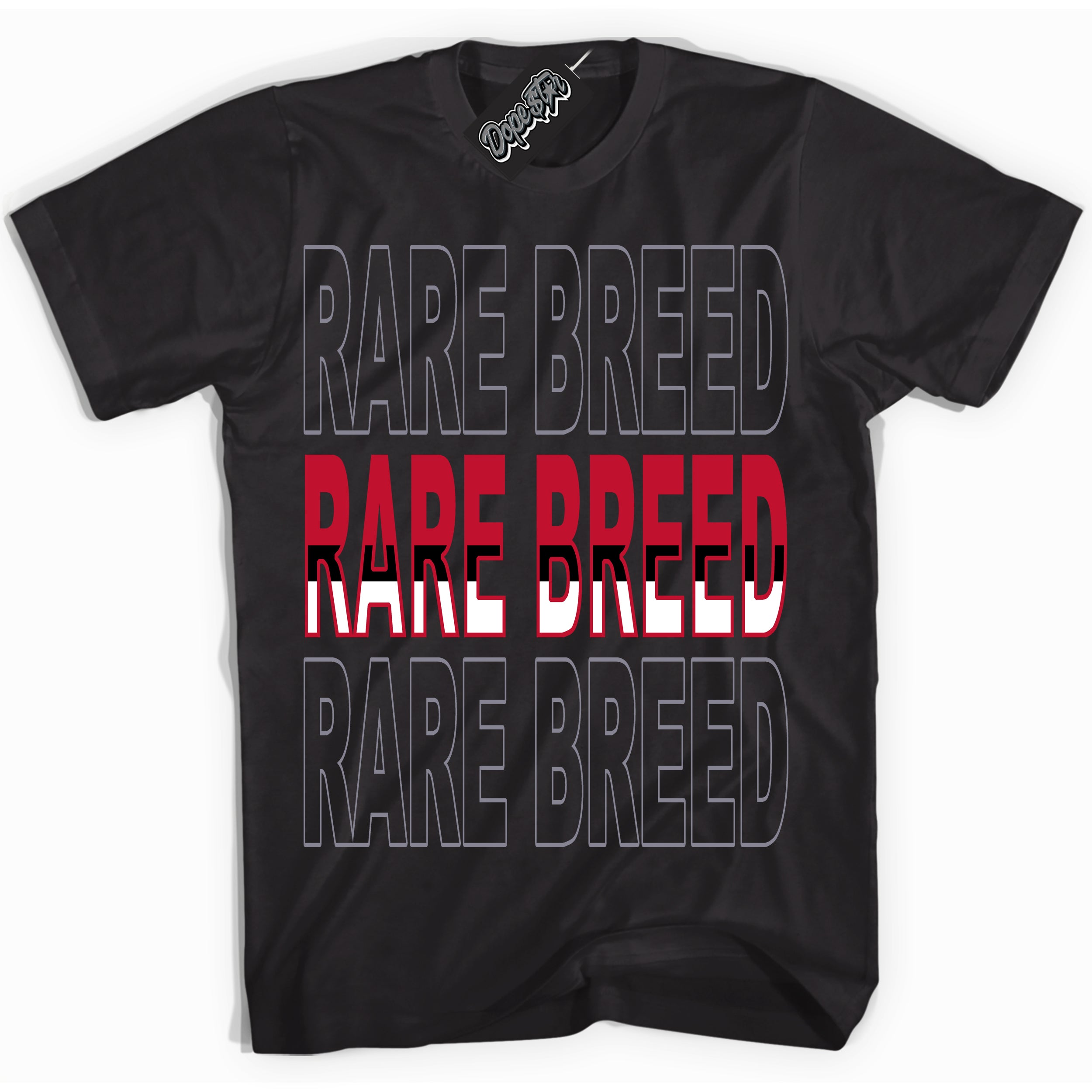 Cool Black Shirt with “ Rare Breed ” design that perfectly matches Cement Grey Fire Red 1s Sneakers.