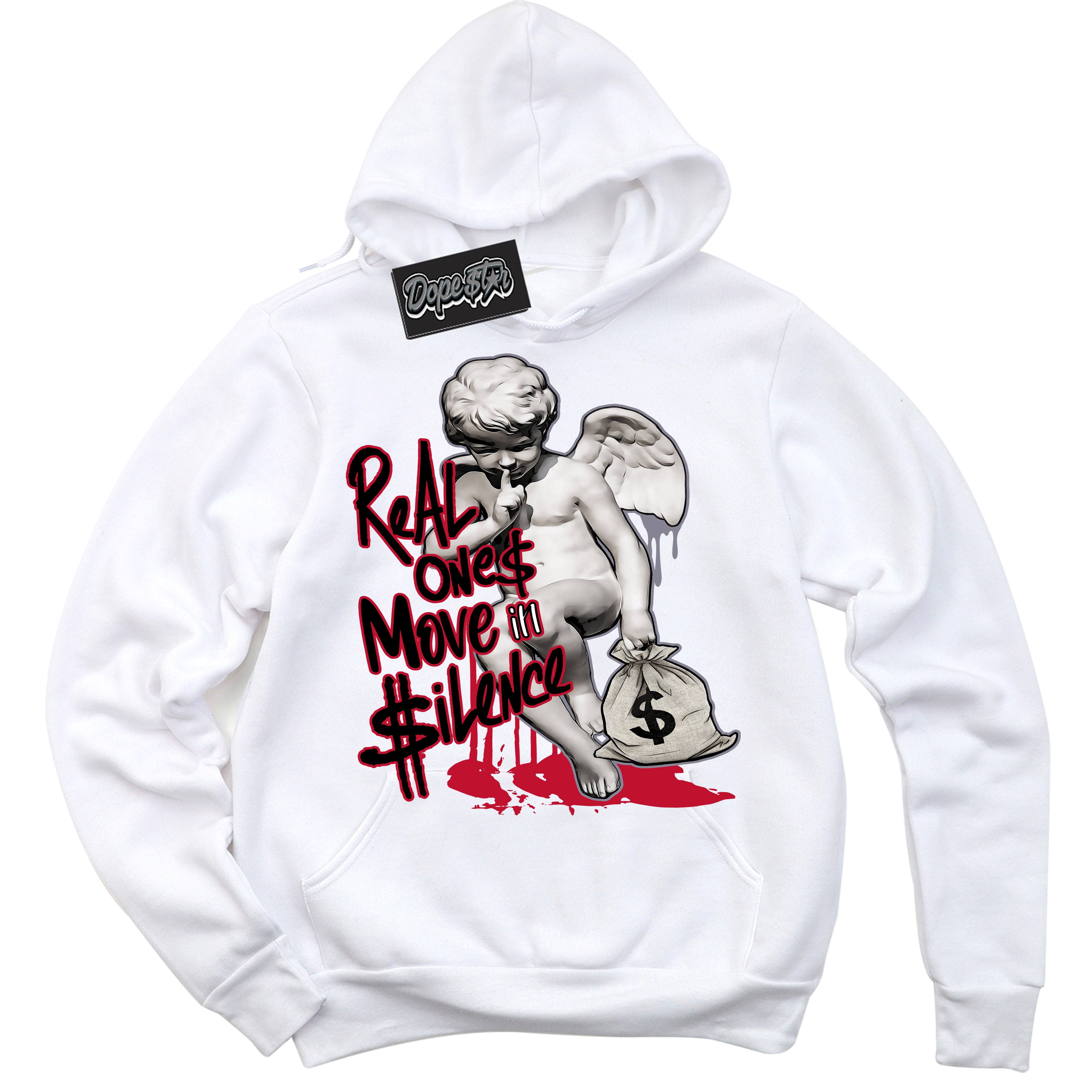 Cool White Hoodie with “ Real Ones Cherub '' design that Perfectly Matches  Cement Grey Fire Red 1s Sneakers.