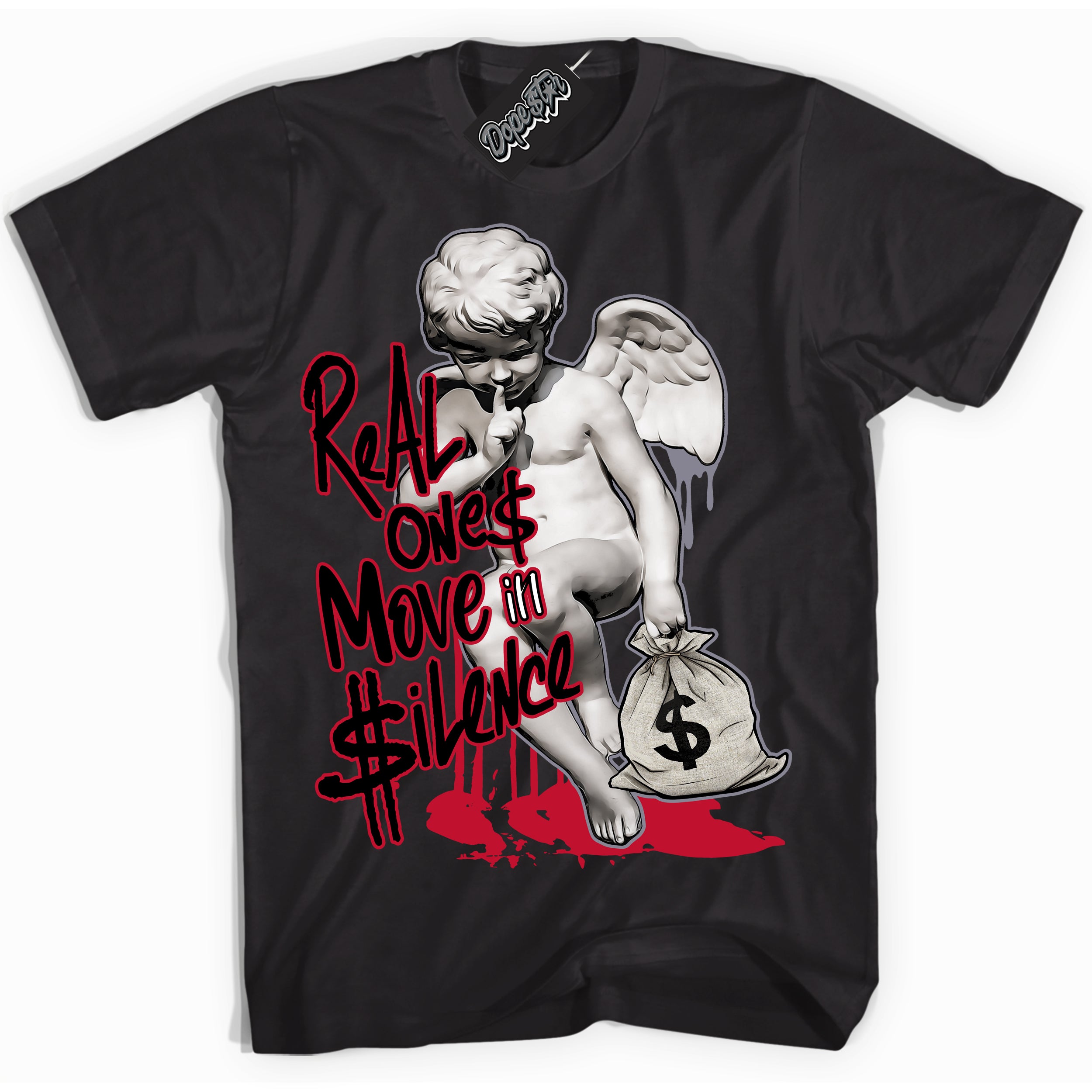 Cool Black Shirt with “ Real Ones Cherub ” design that perfectly matches Cement Grey Fire Red 1s Sneakers.