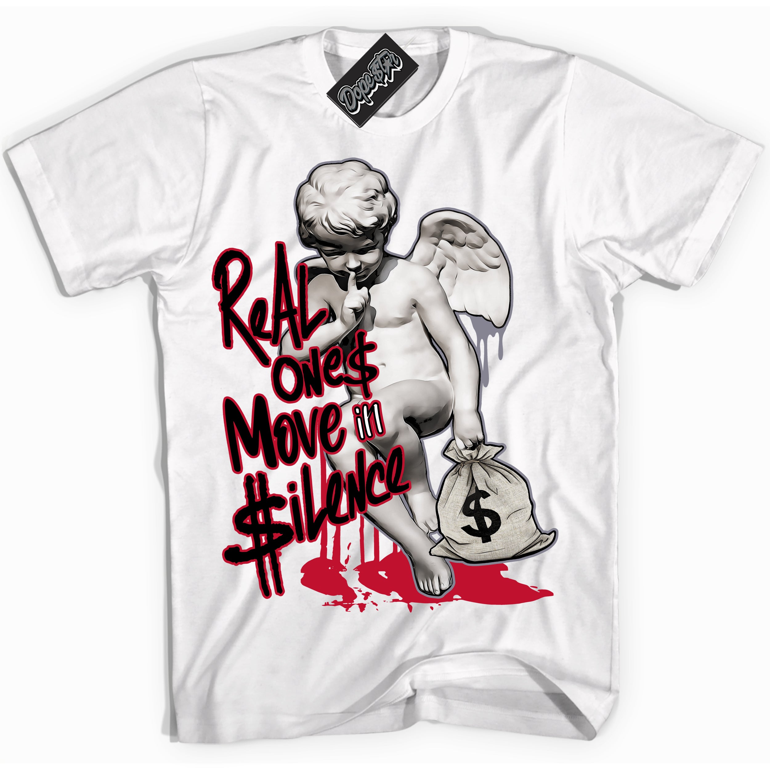 Cool White Shirt with “ Real Ones Cherub ” design that perfectly matches Cement Grey Fire Red 1s Sneakers.