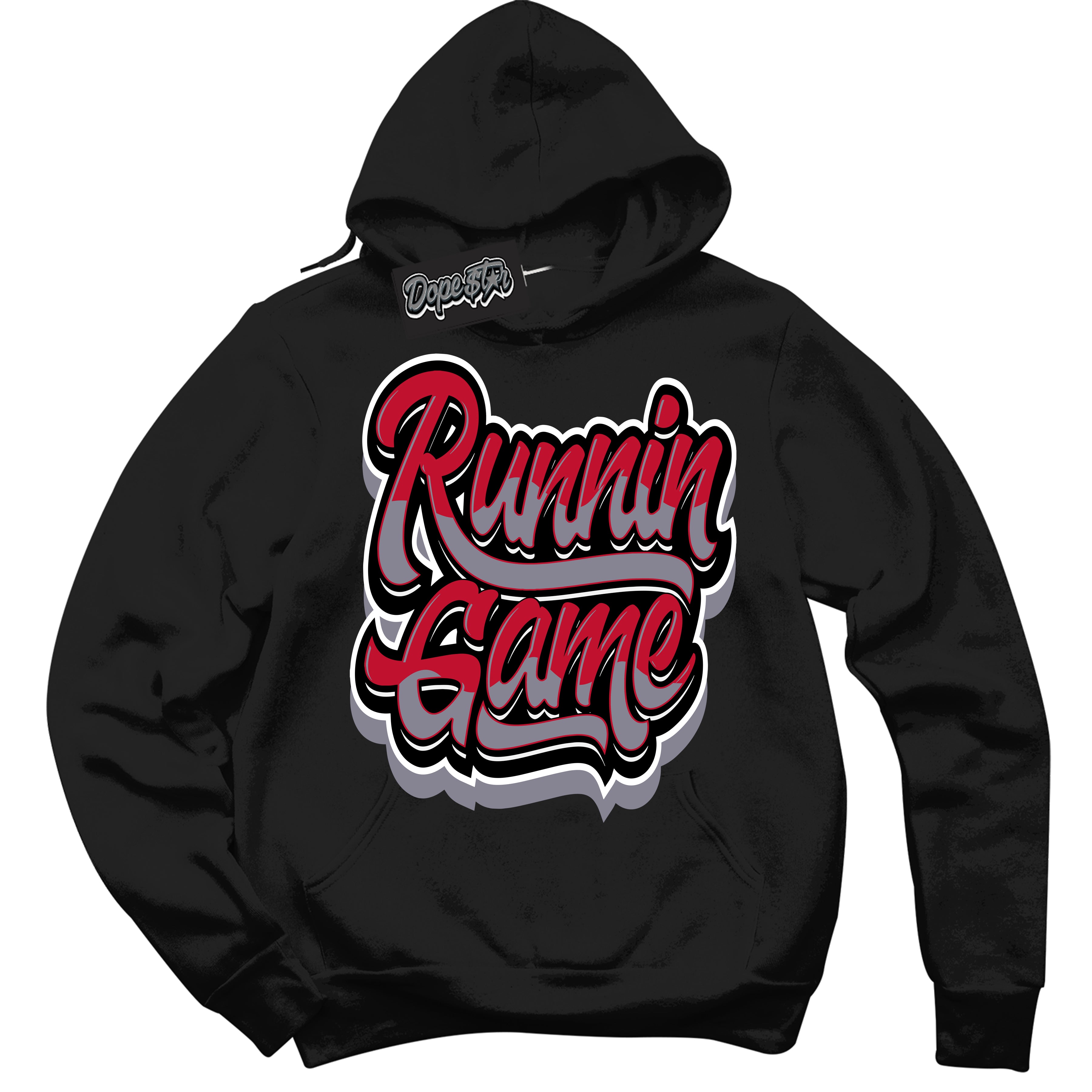 Cool Black Hoodie with “ Running Game '' design that Perfectly Matches  Cement Grey Fire Red 1s Sneakers.