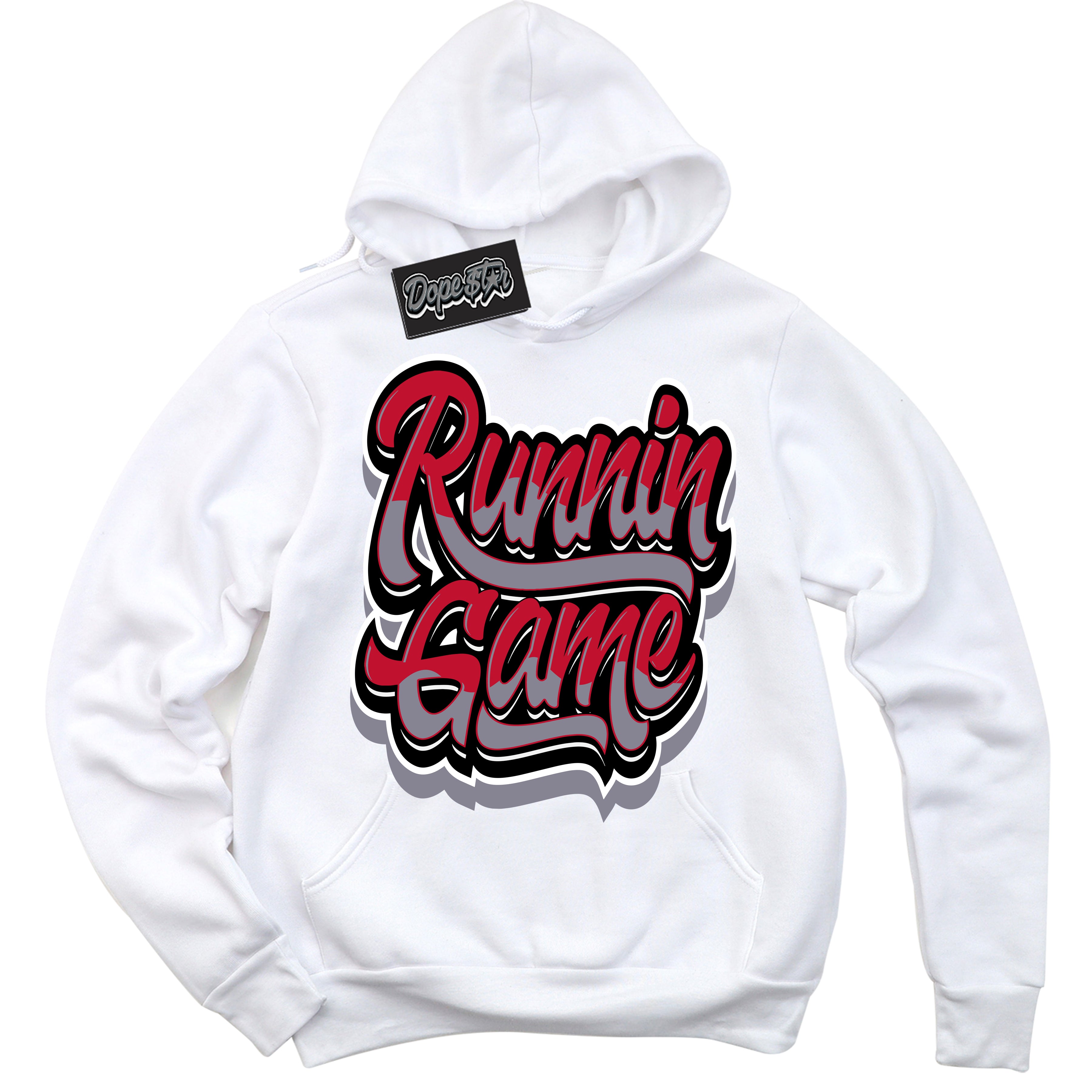 Cool White Hoodie with “ Running Game '' design that Perfectly Matches  Cement Grey Fire Red 1s Sneakers.