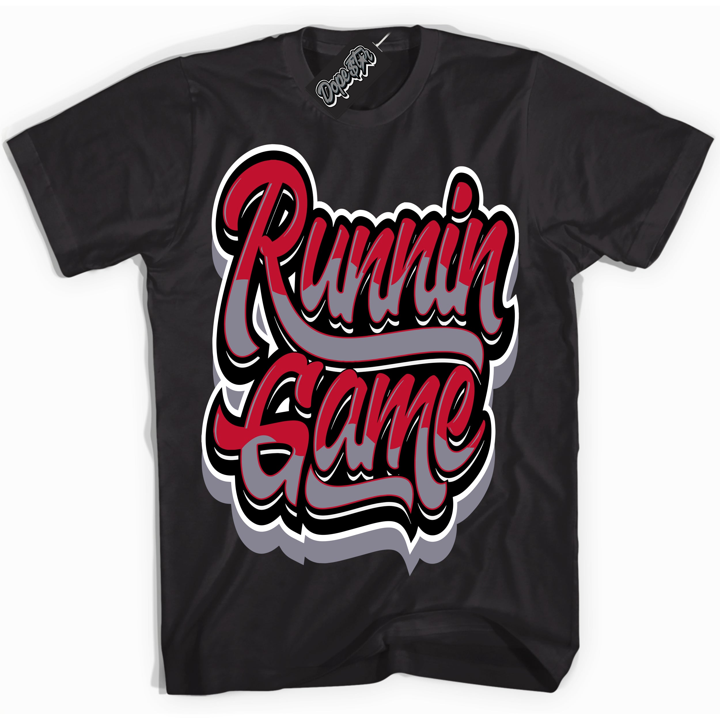 Cool Black Shirt with “ Running Game ” design that perfectly matches Cement Grey Fire Red 1s Sneakers.