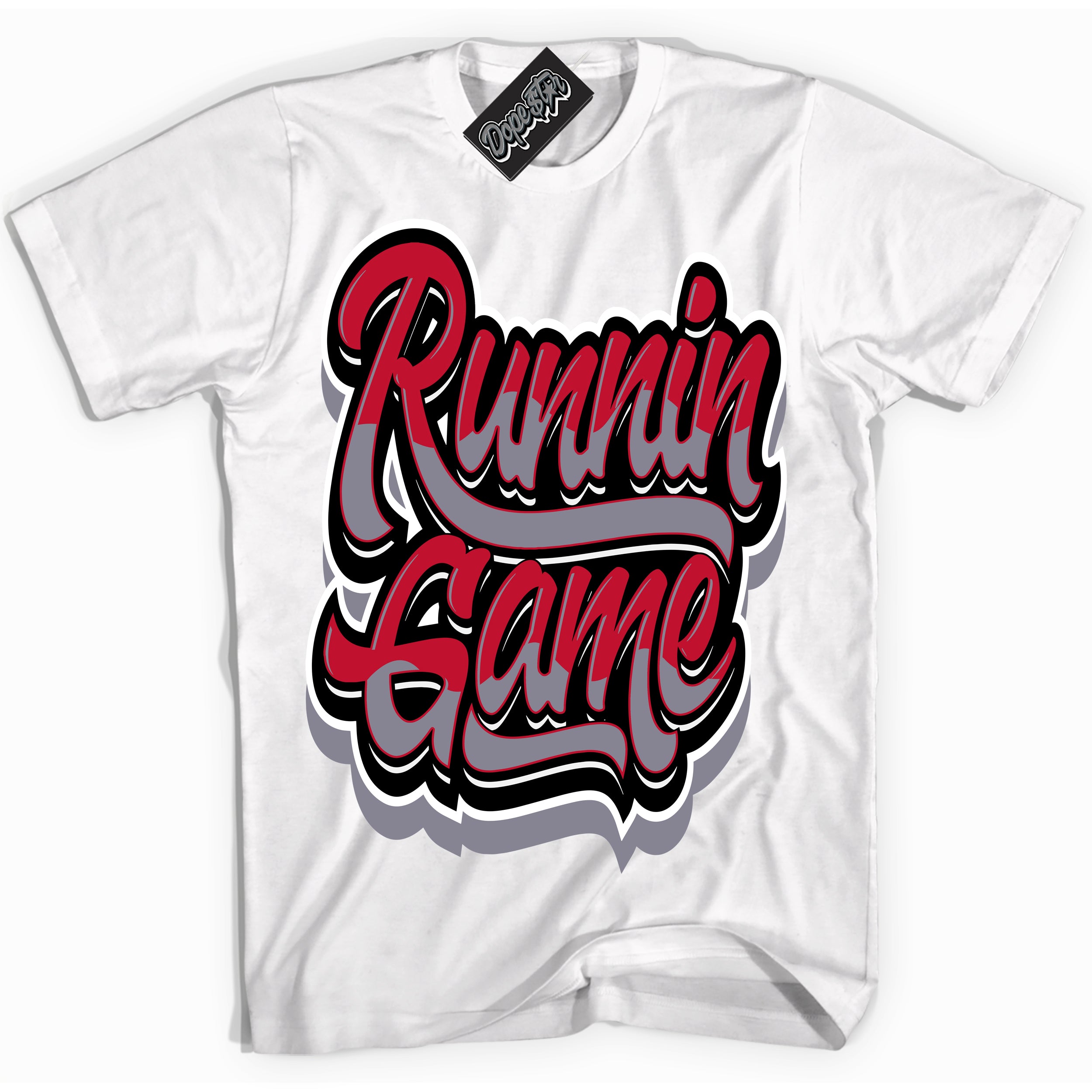 Cool White Shirt with “ Running Game ” design that perfectly matches Cement Grey Fire Red 1s Sneakers.