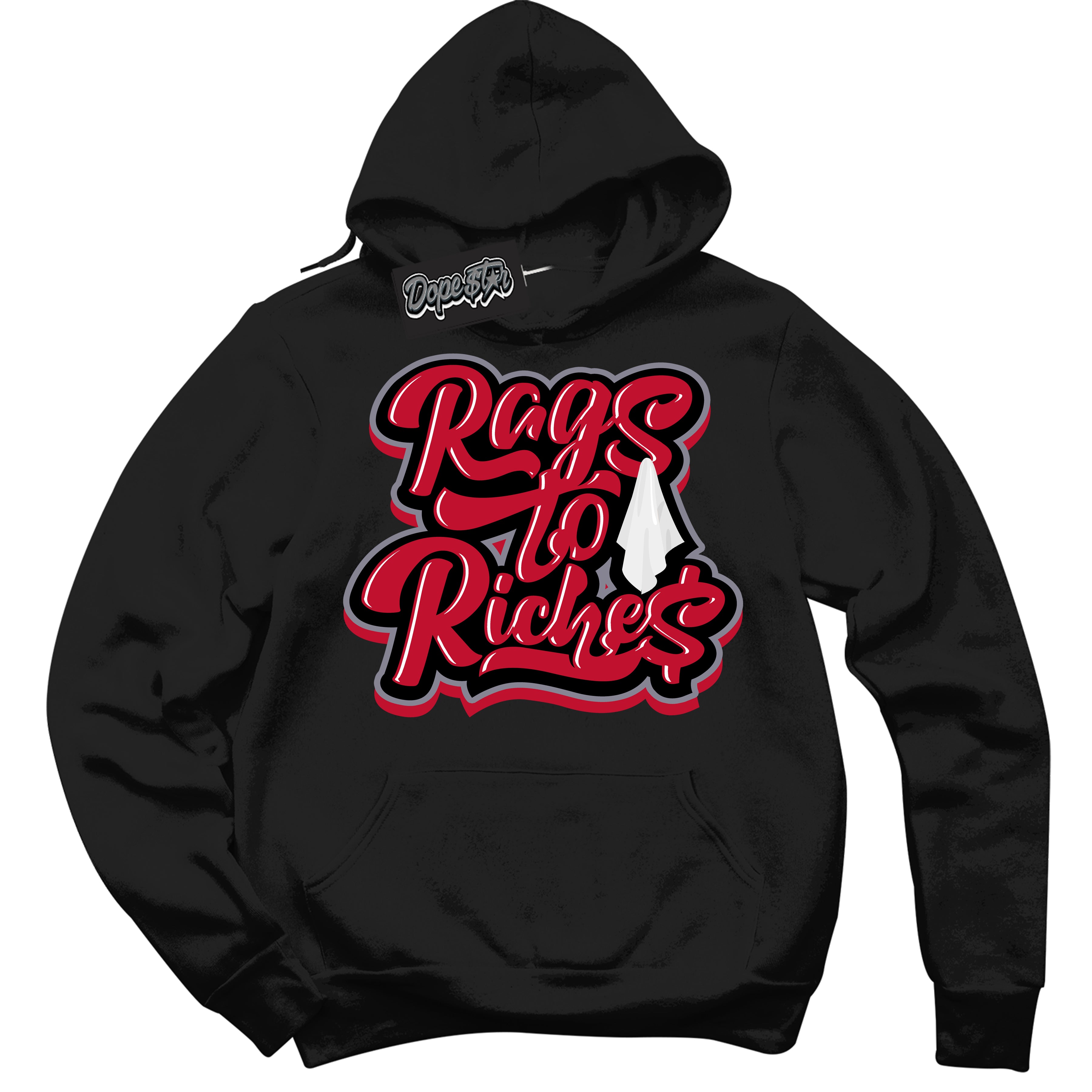 Cool Black Hoodie with “ Rags To Riches '' design that Perfectly Matches  Cement Grey Fire Red 1s Sneakers.