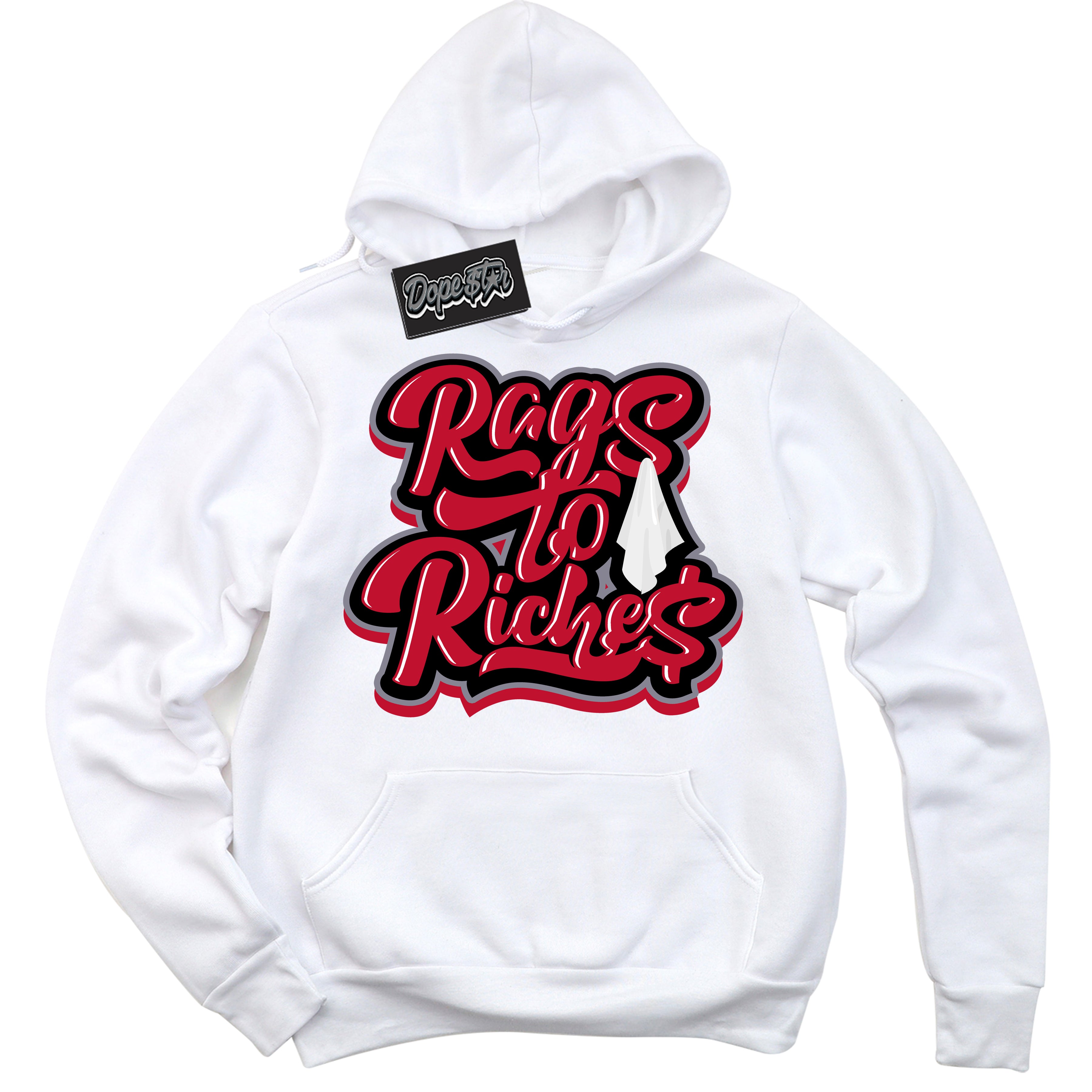 Cool White Hoodie with “ Rags To Riches '' design that Perfectly Matches  Cement Grey Fire Red 1s Sneakers.