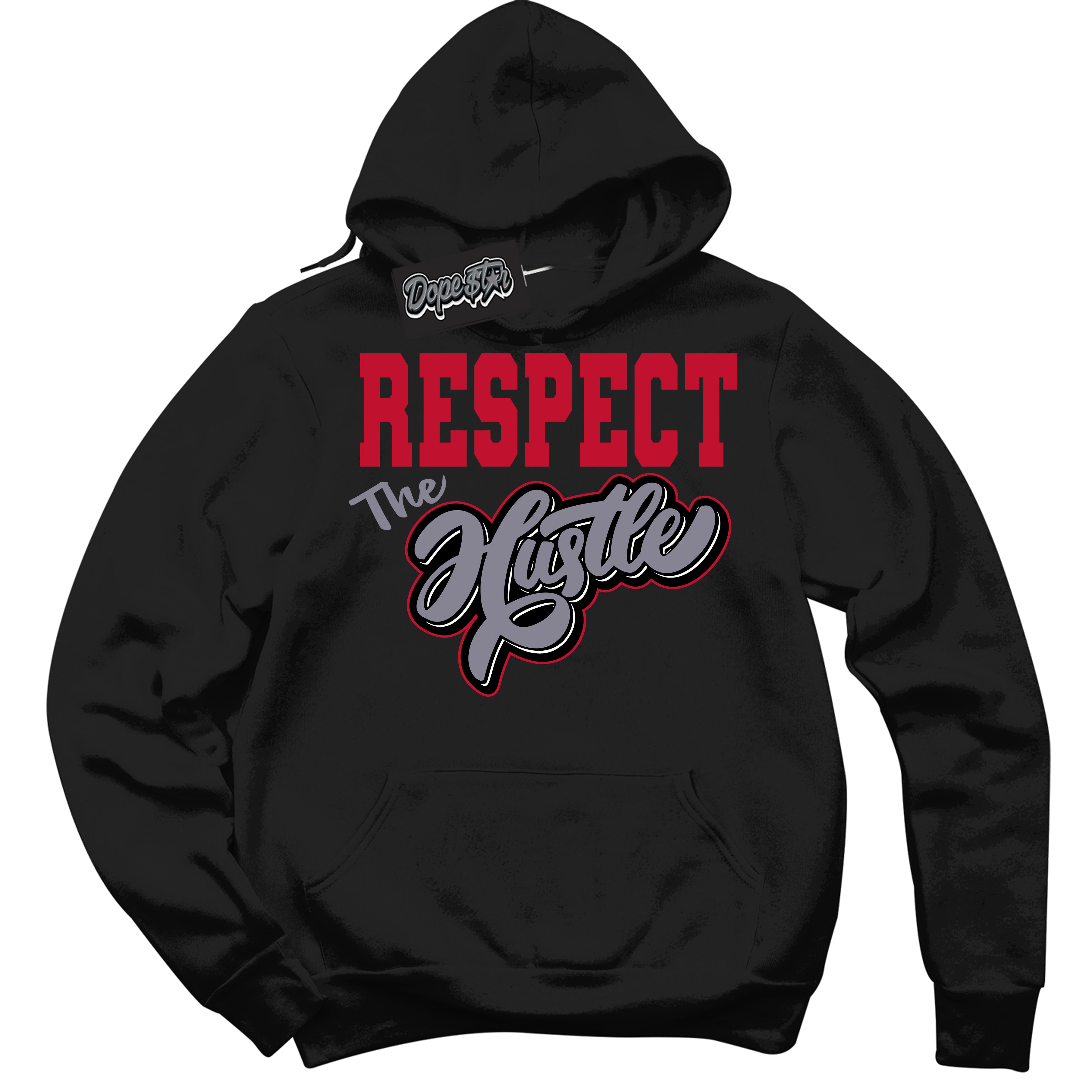 Cool Black Hoodie with “ Respect The Hustle '' design that Perfectly Matches  Cement Grey Fire Red 1s Sneakers.