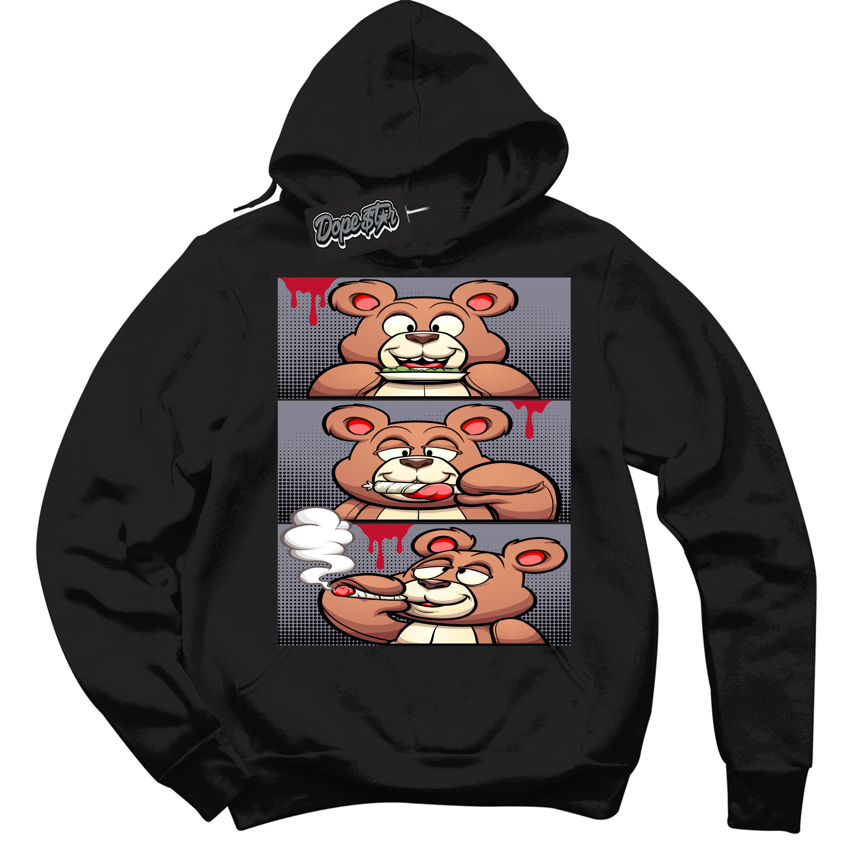 Cool Black Hoodie with “ Roll It Lick It Smoke It Bear '' design that Perfectly Matches  Cement Grey Fire Red 1s Sneakers.