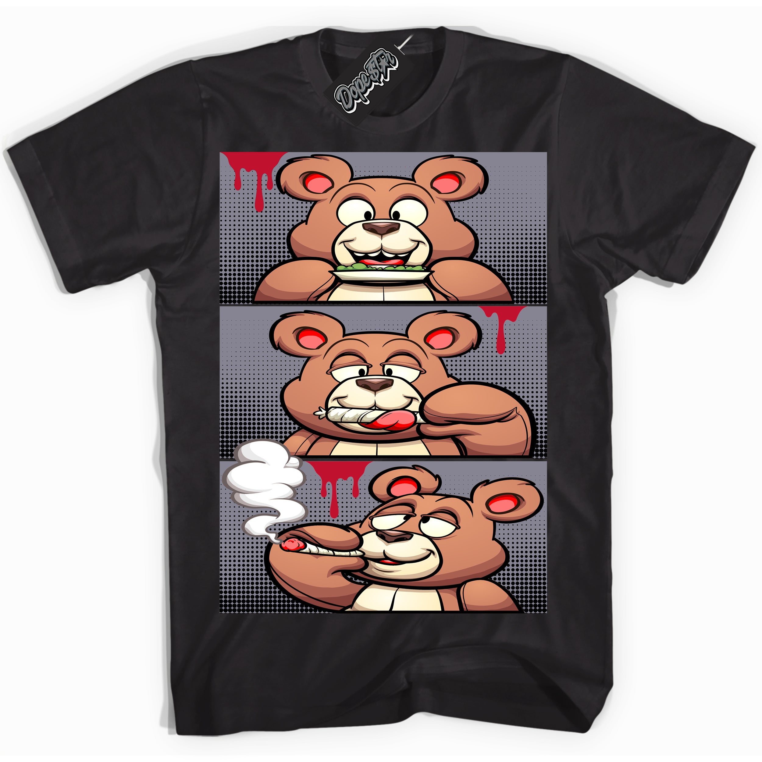 Cool Black Shirt with “ Roll It Lick It Smoke It Bear ” design that perfectly matches Cement Grey Fire Red 1s Sneakers.