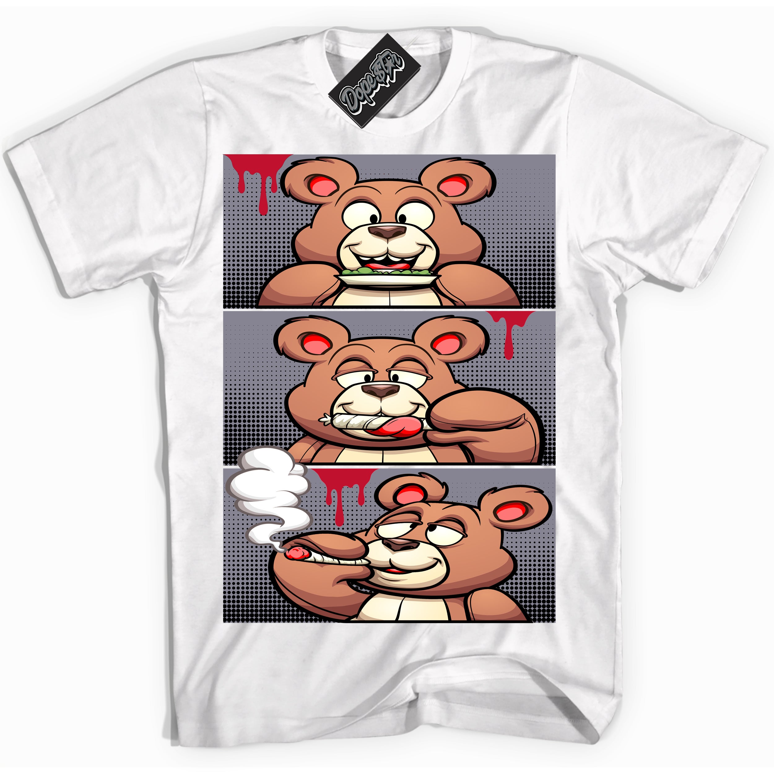 Cool White Shirt with “ Roll It Lick It Smoke It Bear ” design that perfectly matches Cement Grey Fire Red 1s Sneakers.