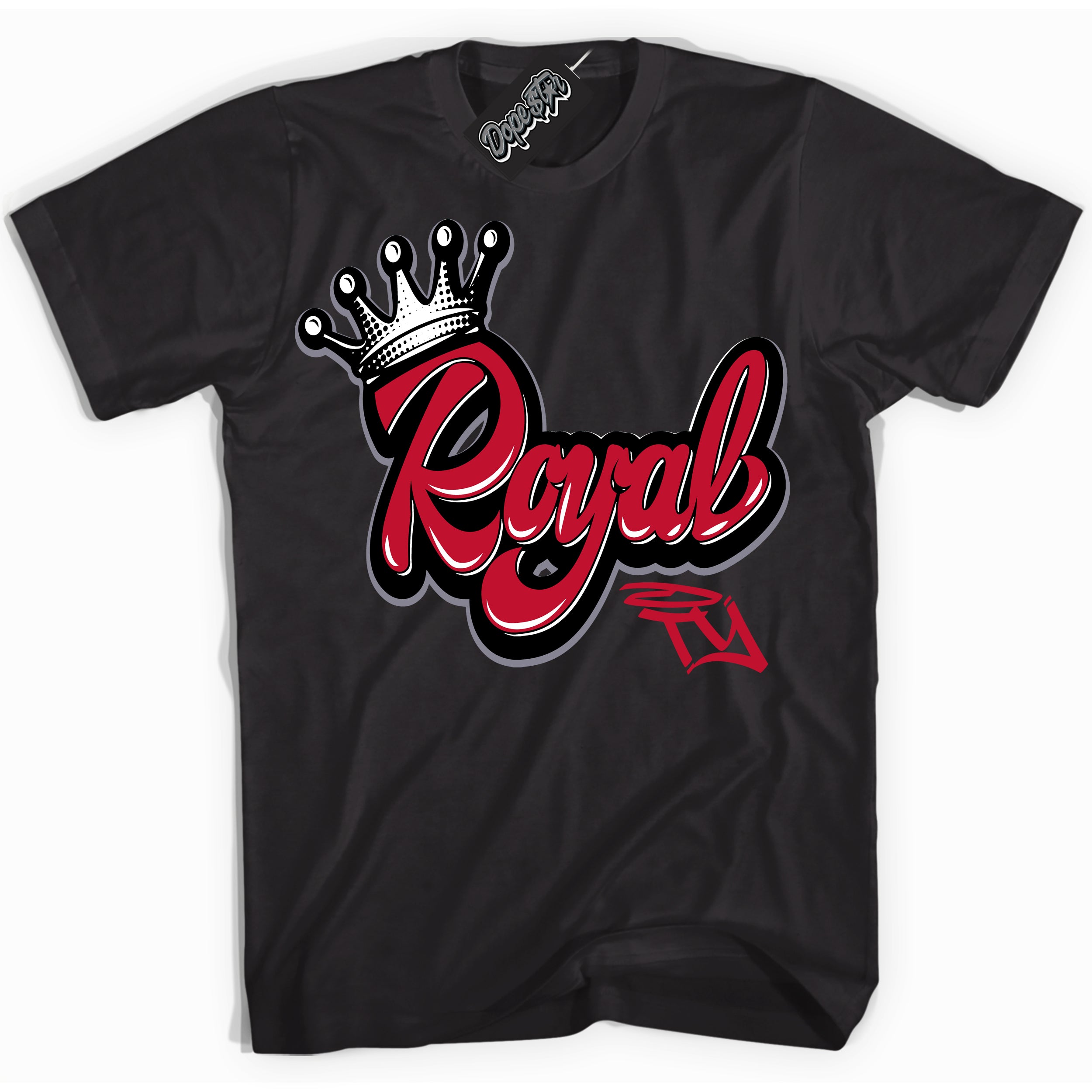 Cool Black Shirt with “ Royalty ” design that perfectly matches Cement Grey Fire Red 1s Sneakers.