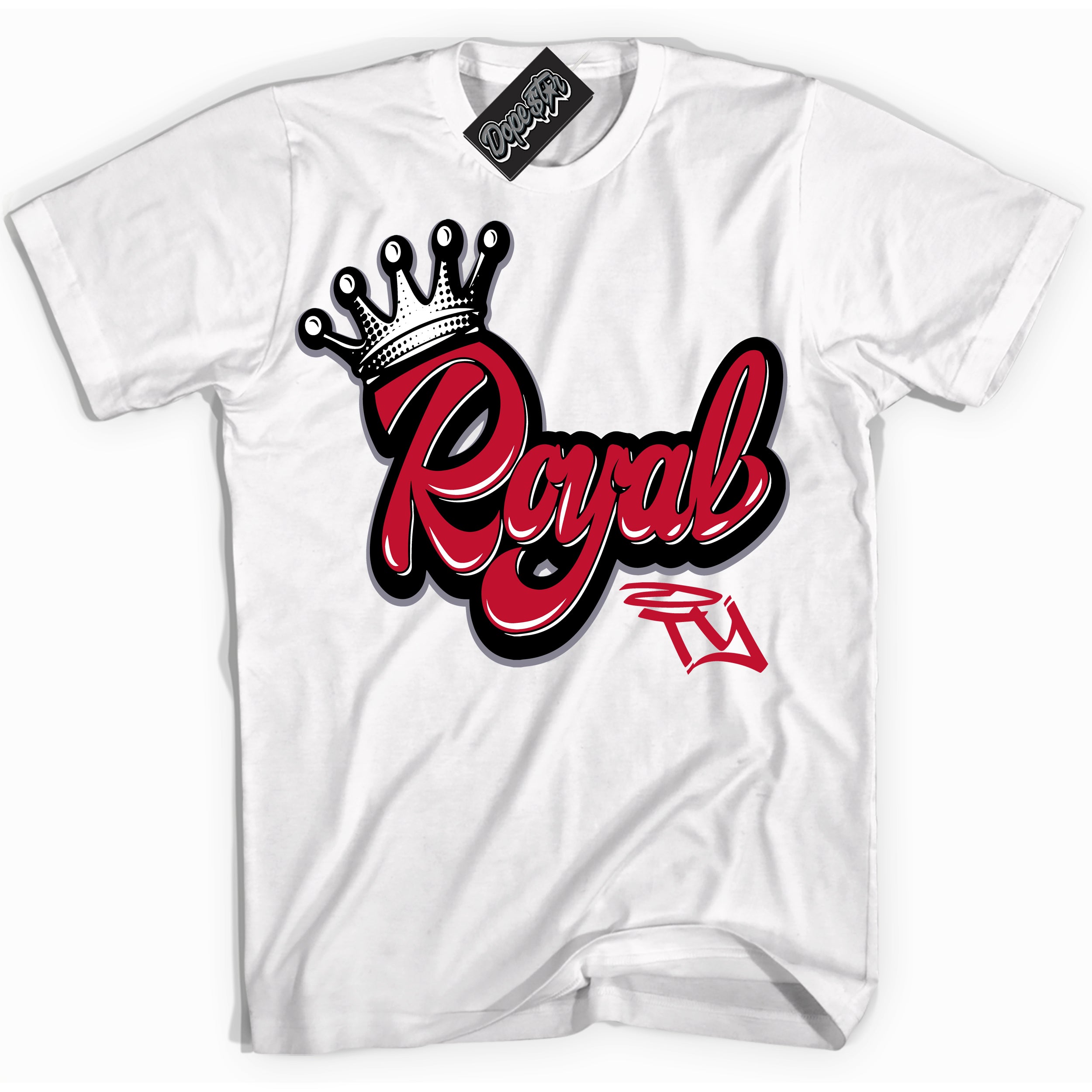 Cool White Shirt with “ Royalty ” design that perfectly matches Cement Grey Fire Red 1s Sneakers.