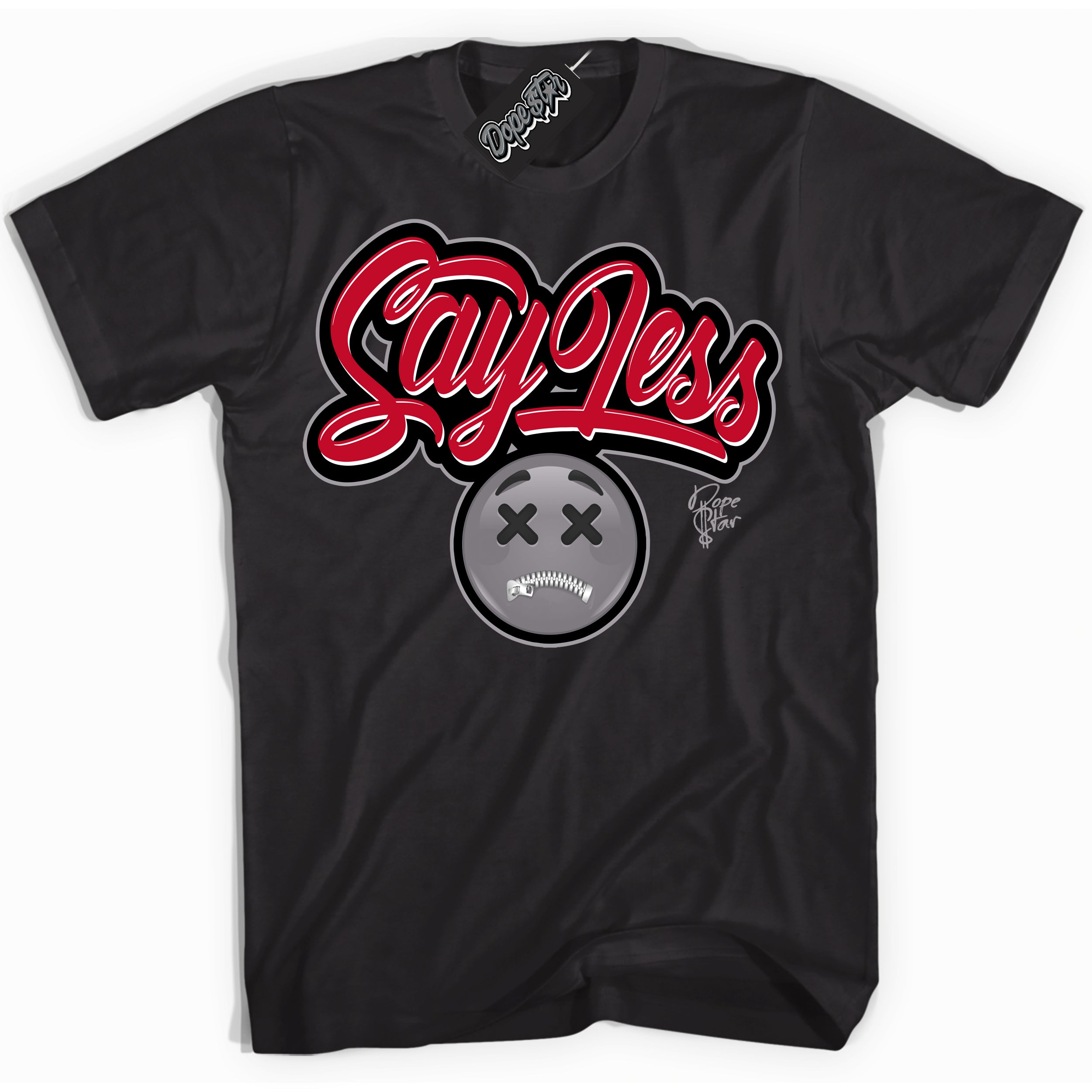 Cool Black Shirt with “ Say Less ” design that perfectly matches Cement Grey Fire Red 1s Sneakers.