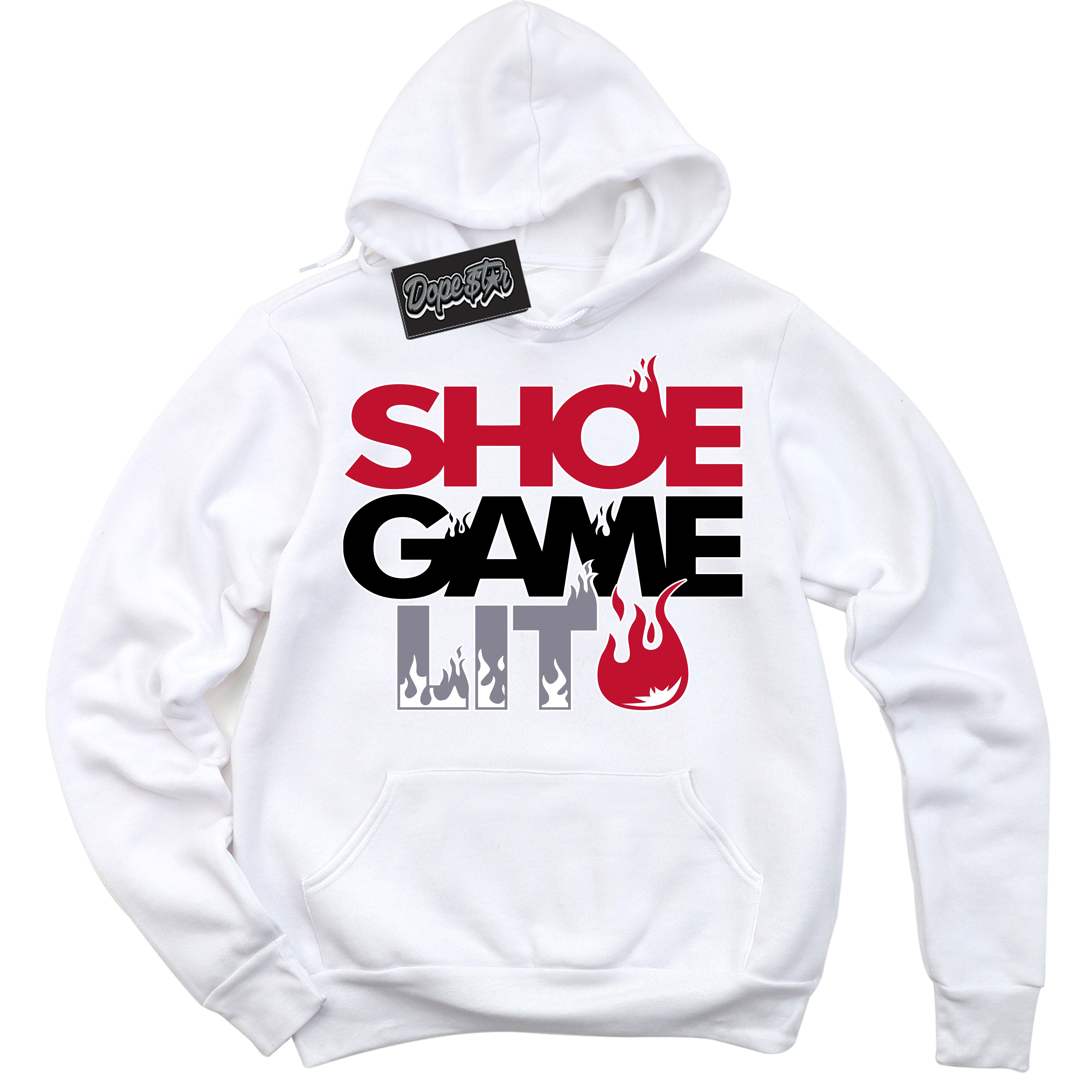 Cool White Hoodie with “ Shoe Game Lit '' design that Perfectly Matches  Cement Grey Fire Red 1s Sneakers.