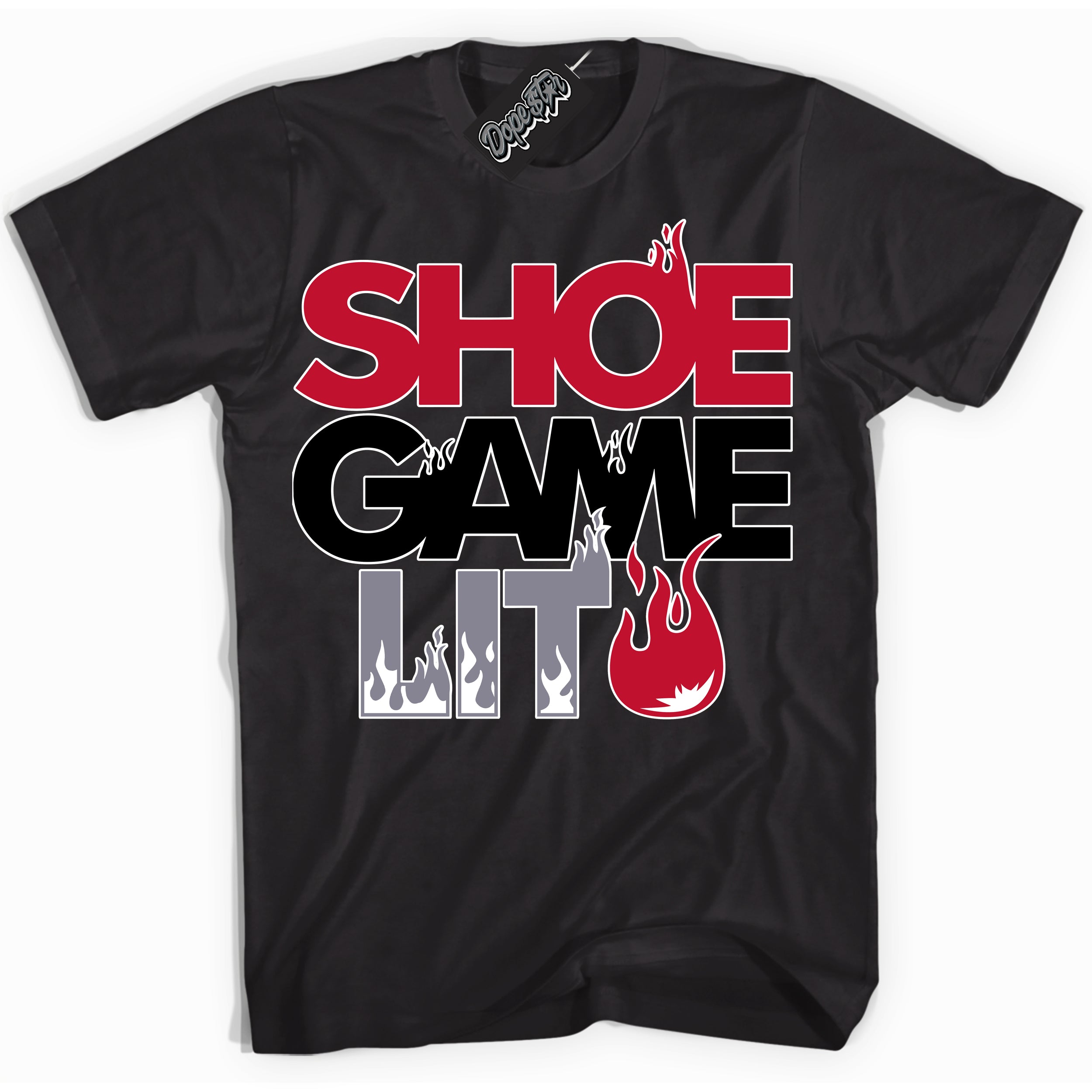 Cool Black Shirt with “ Shoe Game Lit ” design that perfectly matches Cement Grey Fire Red 1s Sneakers.