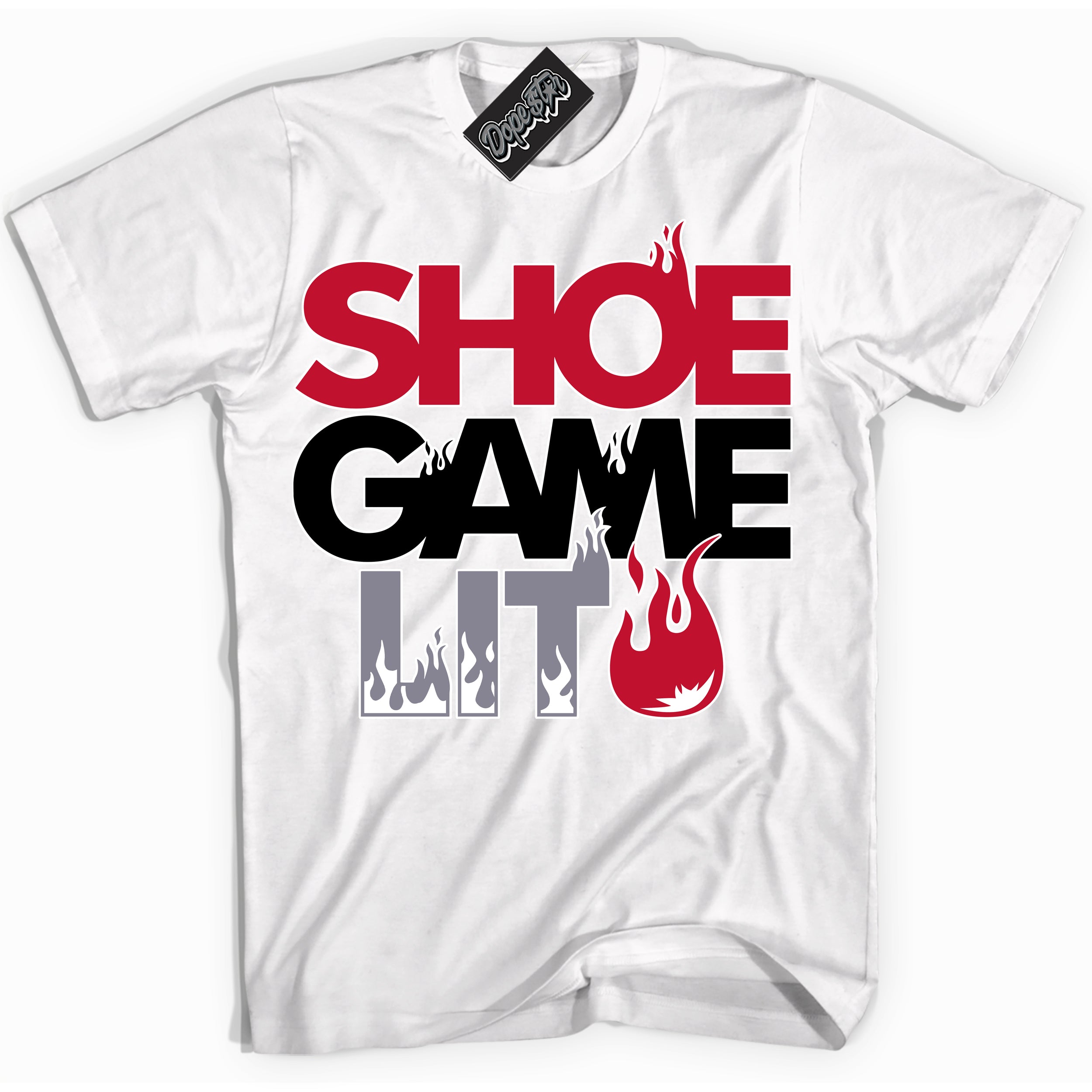 Cool White Shirt with “ Shoe Game Lit ” design that perfectly matches Cement Grey Fire Red 1s Sneakers.