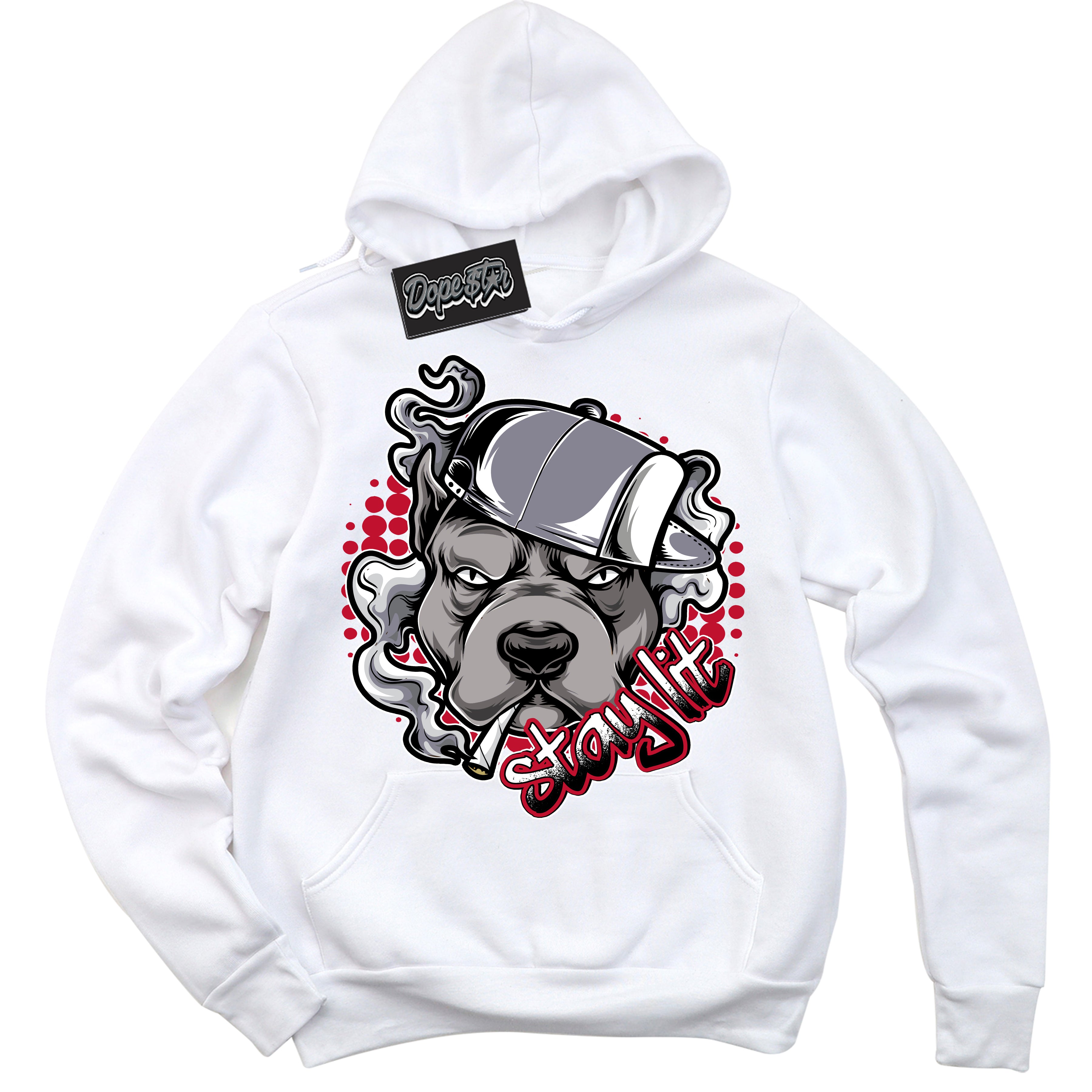 Cool White Hoodie with “ Stay Lit '' design that Perfectly Matches  Cement Grey Fire Red 1s Sneakers.