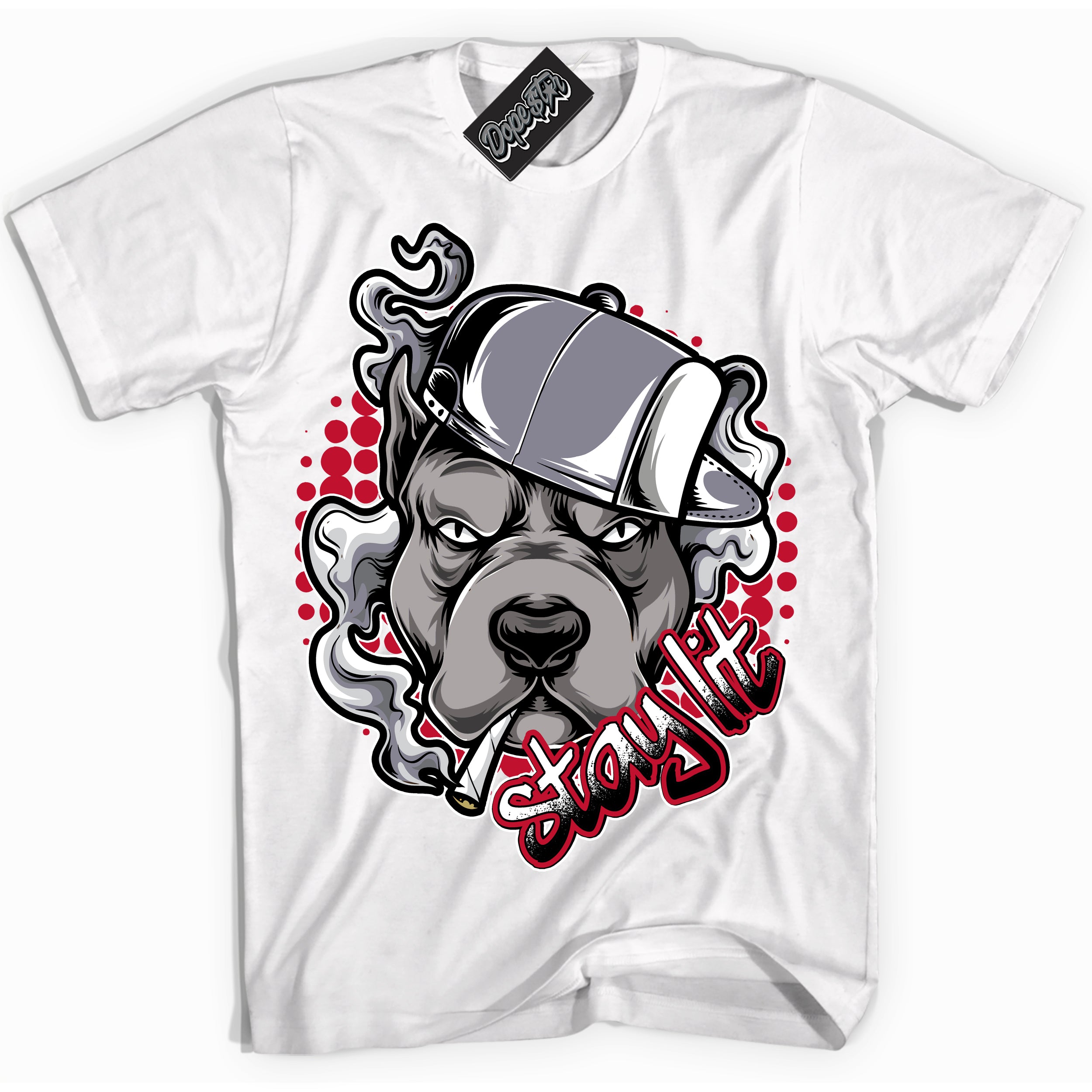 Cool White Shirt with “ Stay Lit ” design that perfectly matches Cement Grey Fire Red 1s Sneakers.