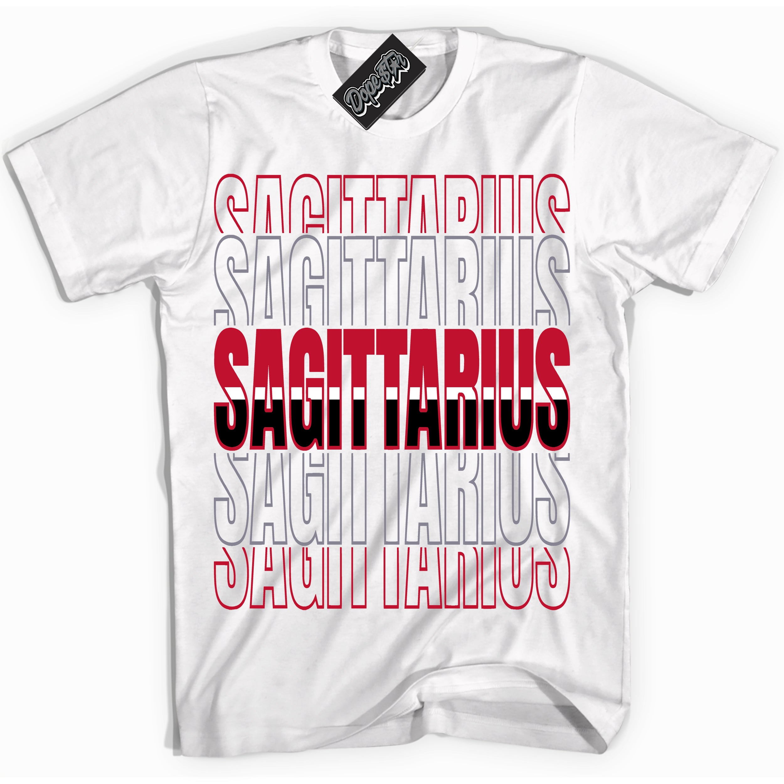 Cool White Shirt with “ Sagittarius ” design that perfectly matches Cement Grey Fire Red 1s Sneakers.