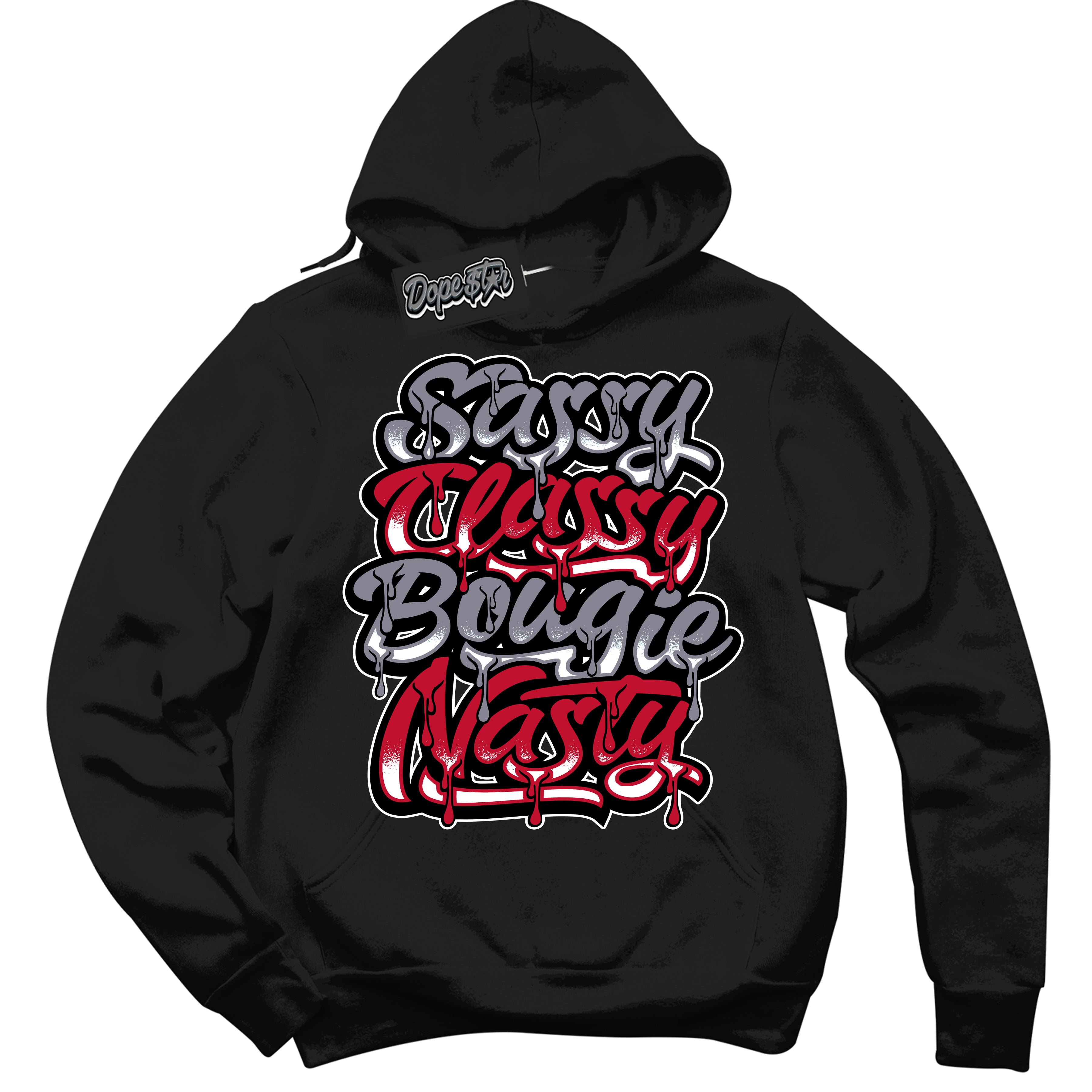 Cool Black Hoodie with “ Sassy Classy '' design that Perfectly Matches  Cement Grey Fire Red 1s Sneakers.