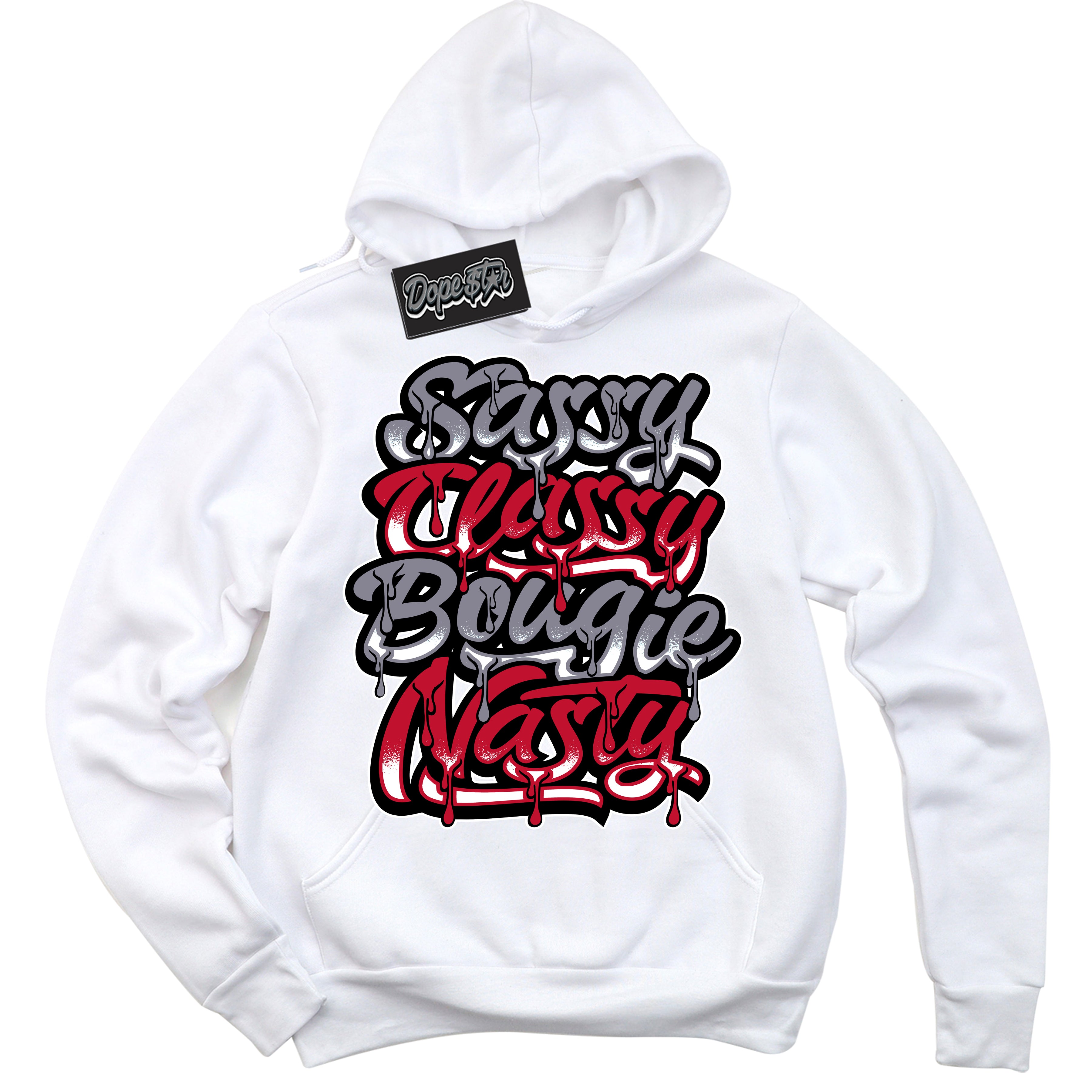 Cool White Hoodie with “ Sassy Classy '' design that Perfectly Matches  Cement Grey Fire Red 1s Sneakers.