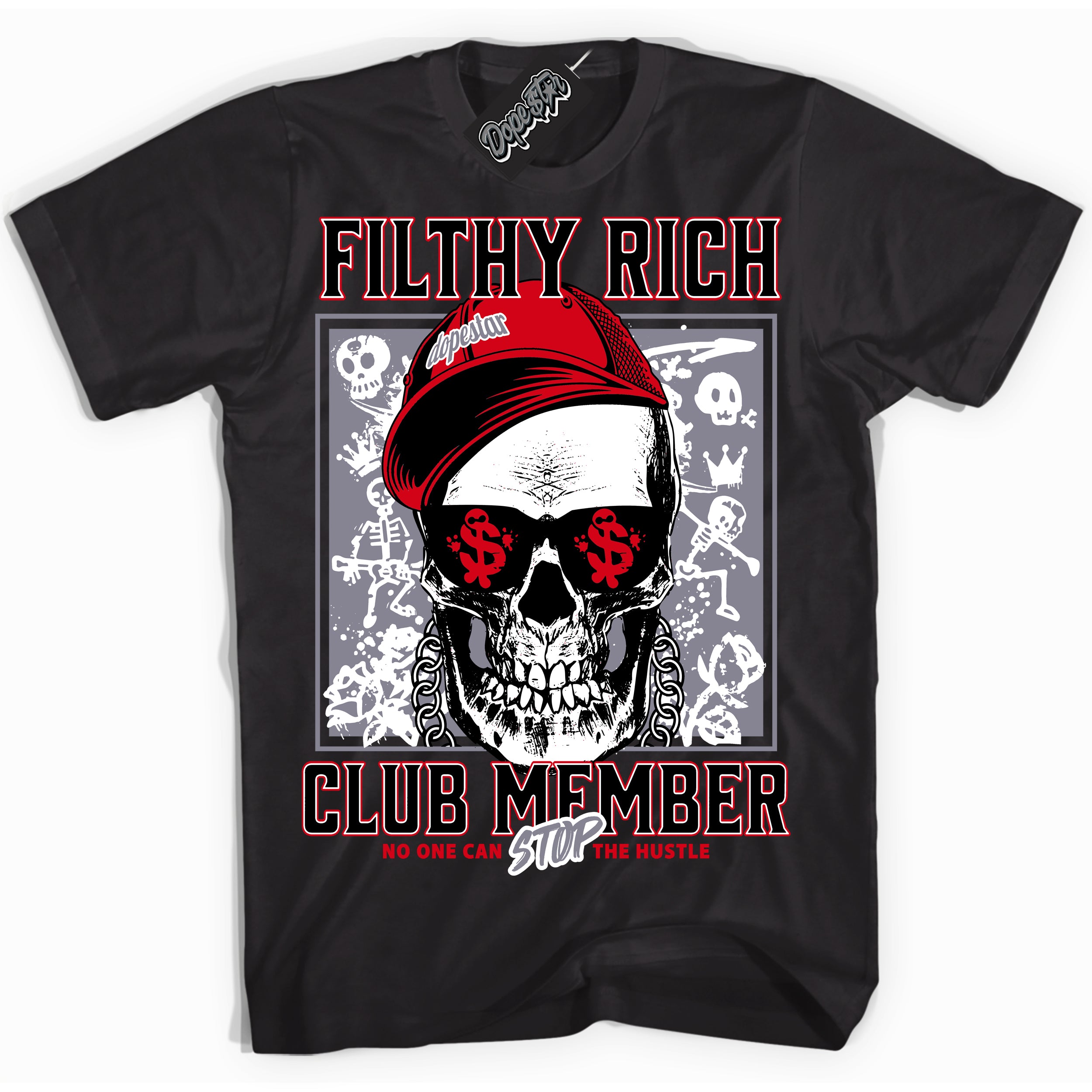 Cool Black Shirt with “ Filthy Rich” design that perfectly matches Cement Grey Fire Red 1s Sneakers.