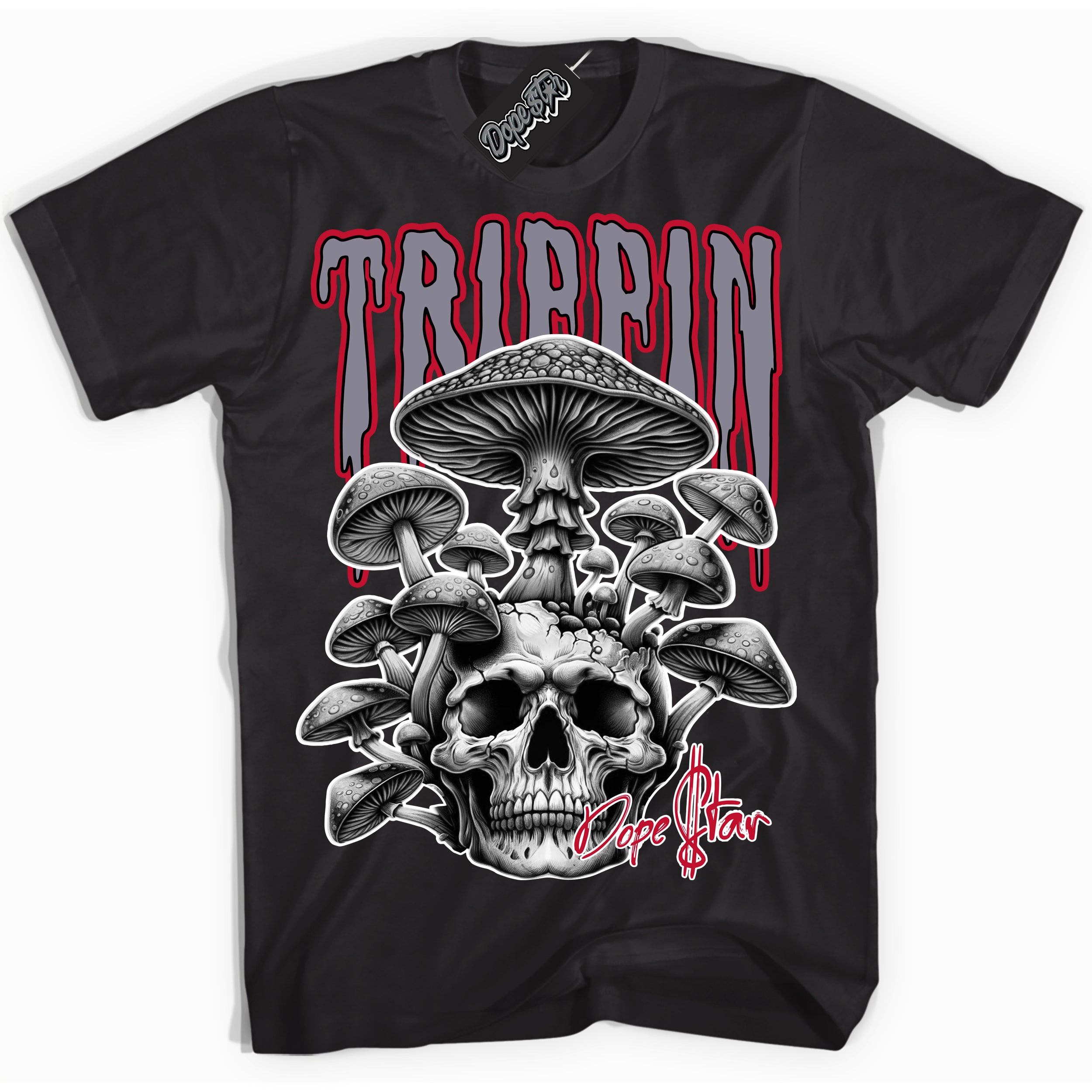 Cool Black Shirt with “Trippin” design that perfectly matches the Cement Grey Fire Red 1s Sneakers.