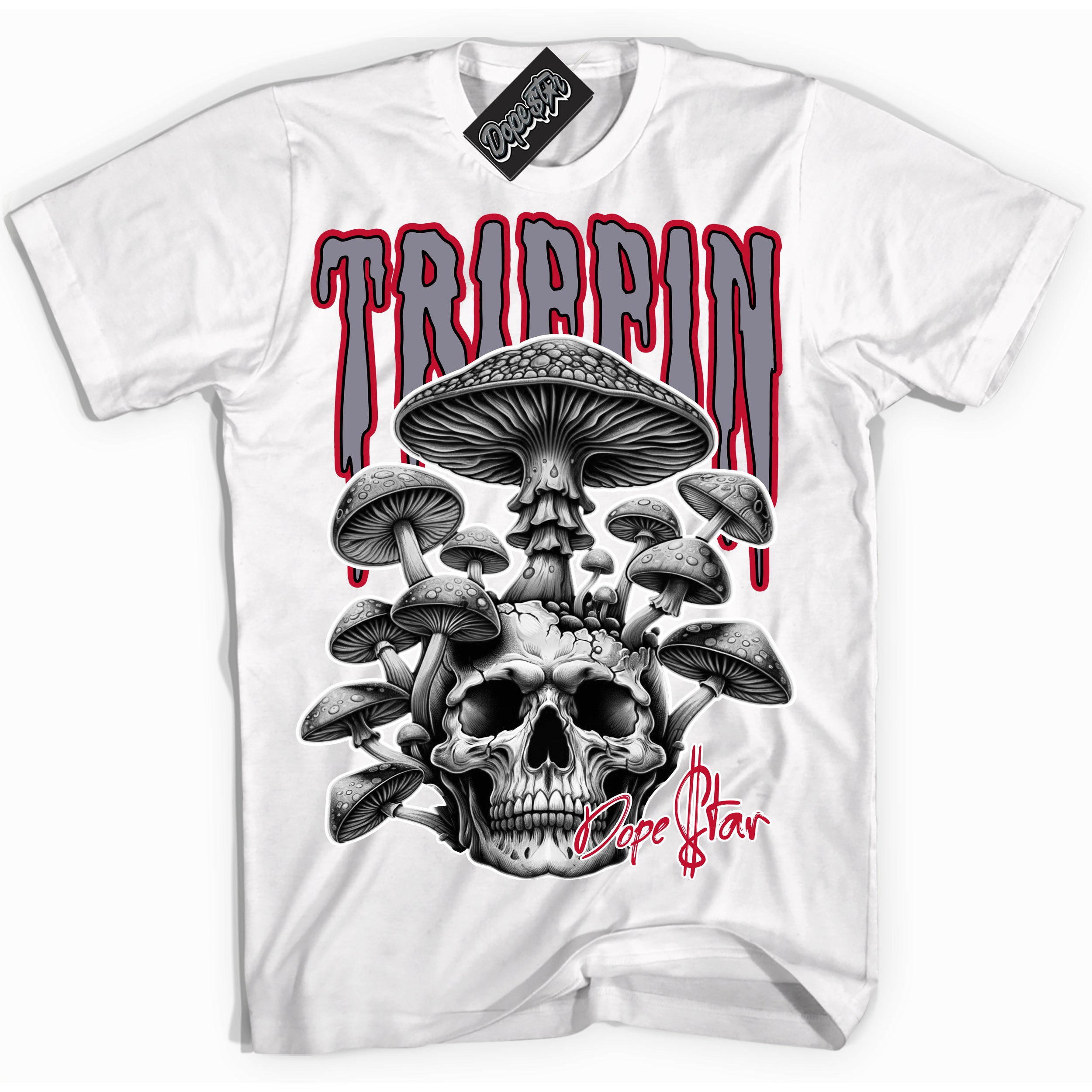 Cool White Shirt with “Trippin” design that perfectly matches the Cement Grey Fire Red 1s Sneakers.