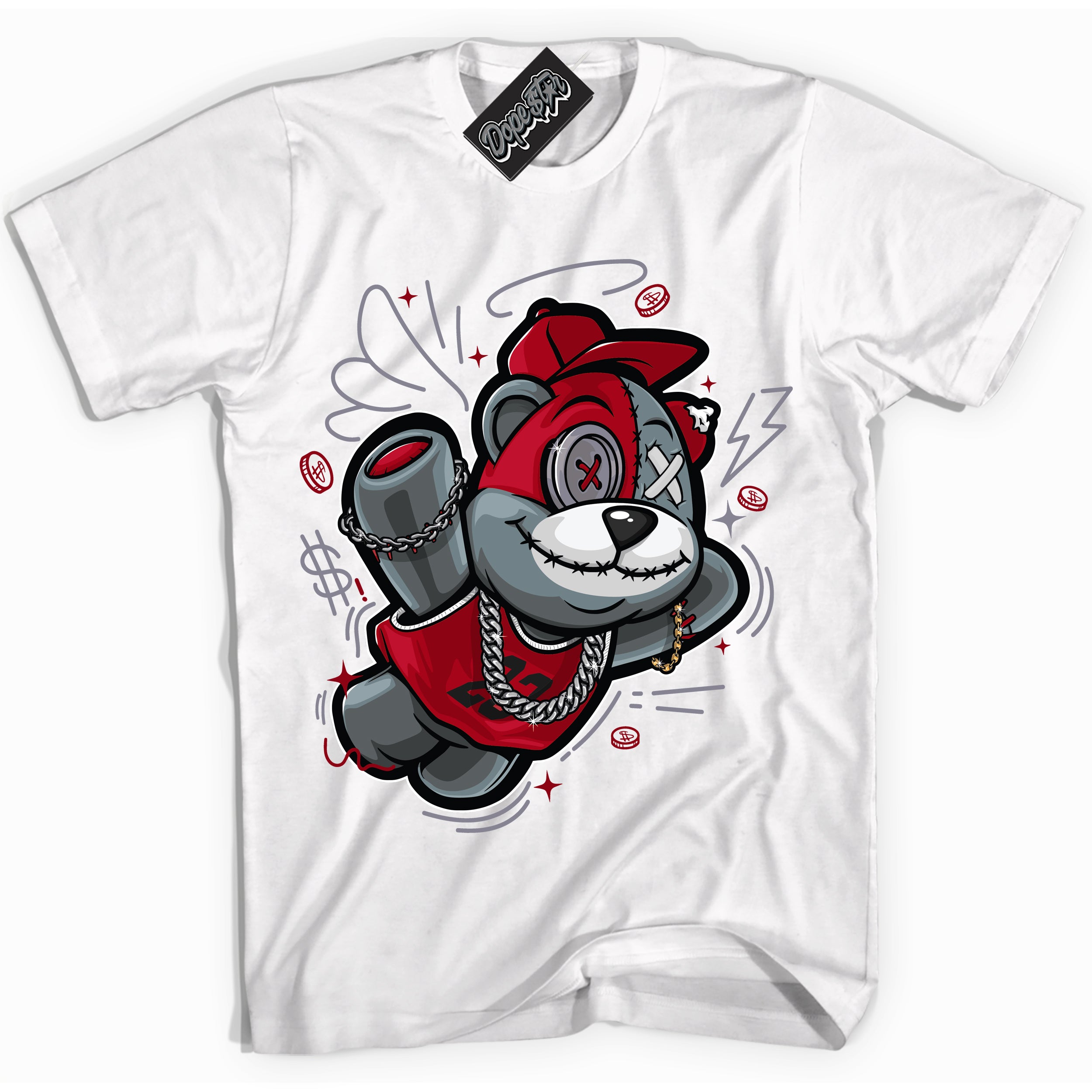 Cool White Shirt with “ Slam Dunk Bear ” design that perfectly matches Cement Grey Fire Red 1s Sneakers.