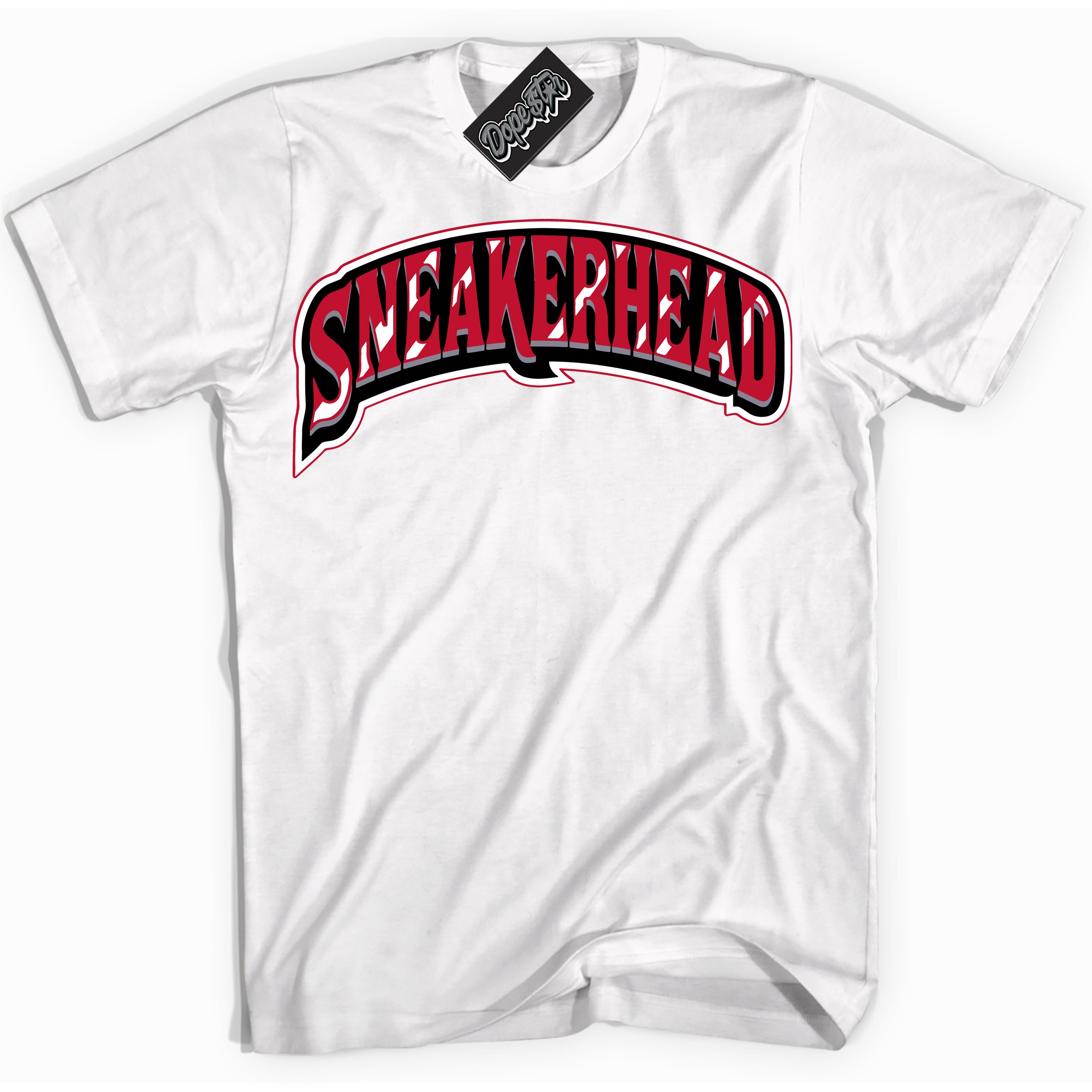 Cool White Shirt with “ Sneakerhead ” design that perfectly matches Cement Grey Fire Red 1s Sneakers.