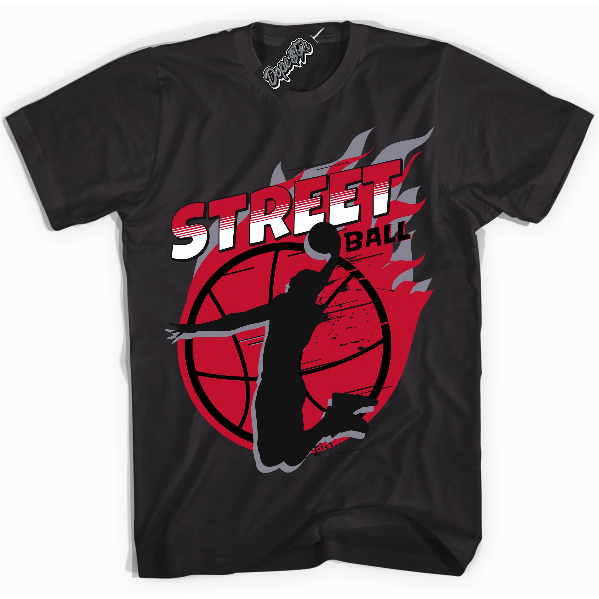 Cool Black Shirt with “ Street Ball ” design that perfectly matches Cement Grey Fire Red 1s Sneakers.