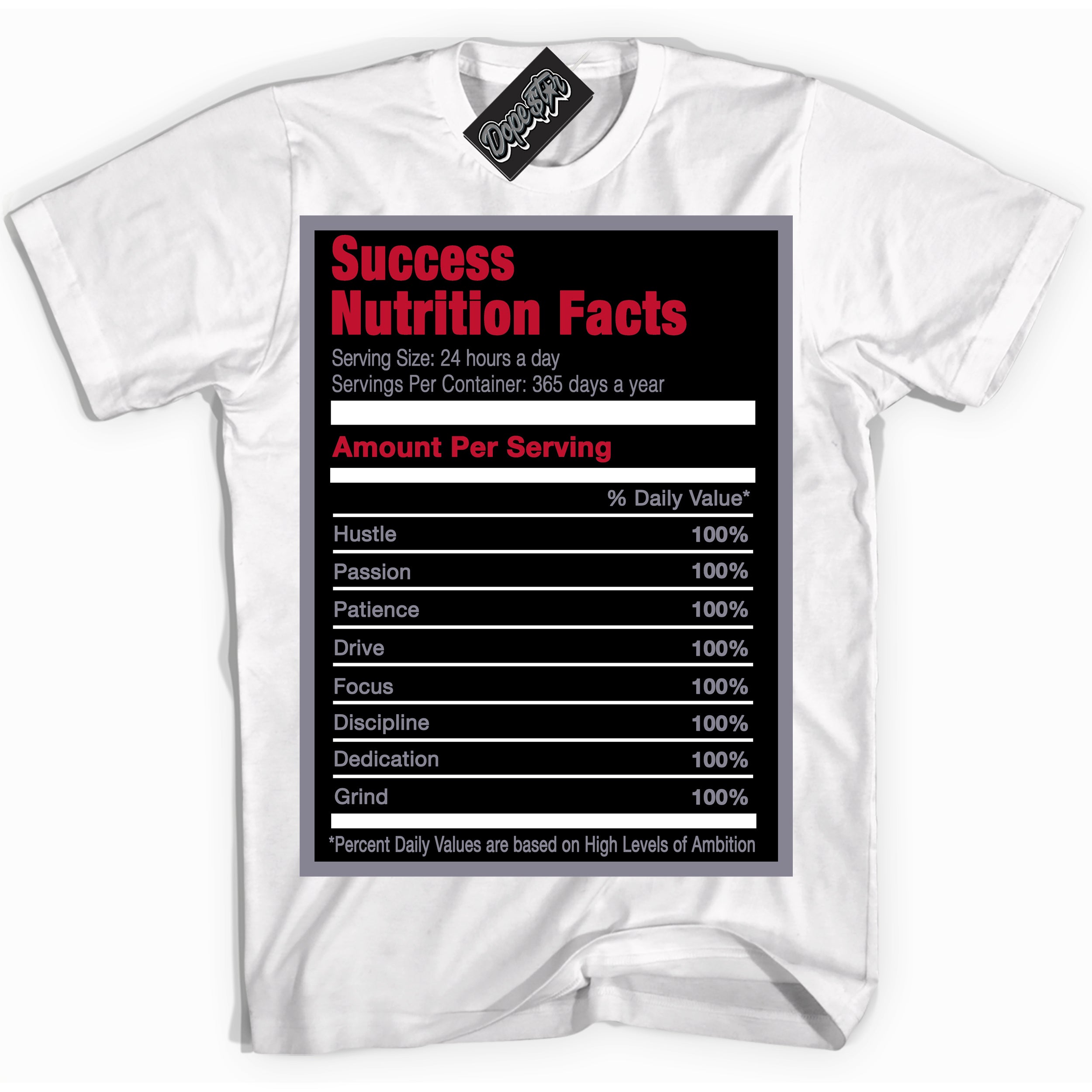 Cool White Shirt with “ Success Nutrition ” design that perfectly matches Cement Grey Fire Red 1s Sneakers.