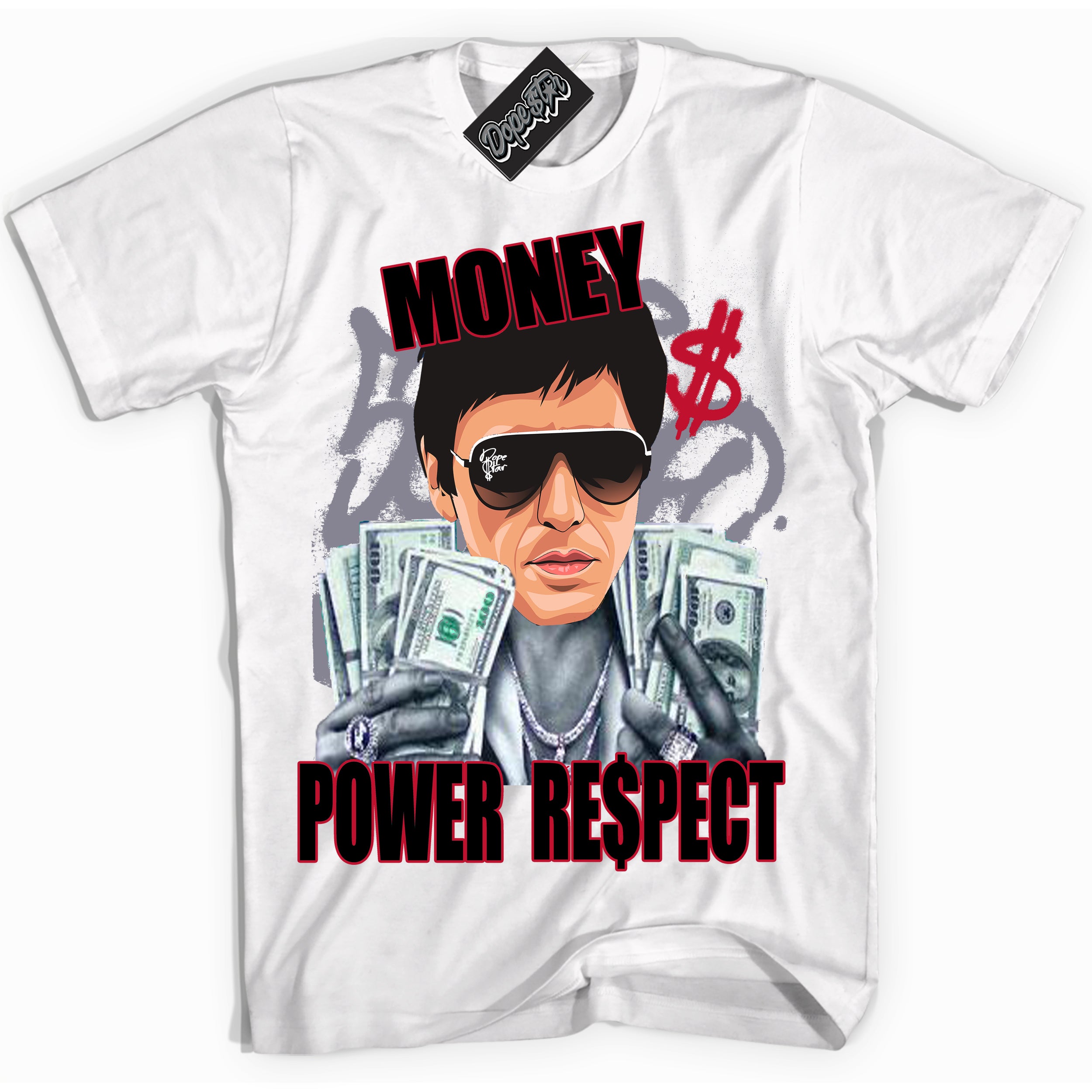 Cool White Shirt with “ Tony Montana ” design that perfectly matches Cement Grey Fire Red 1s Sneakers.