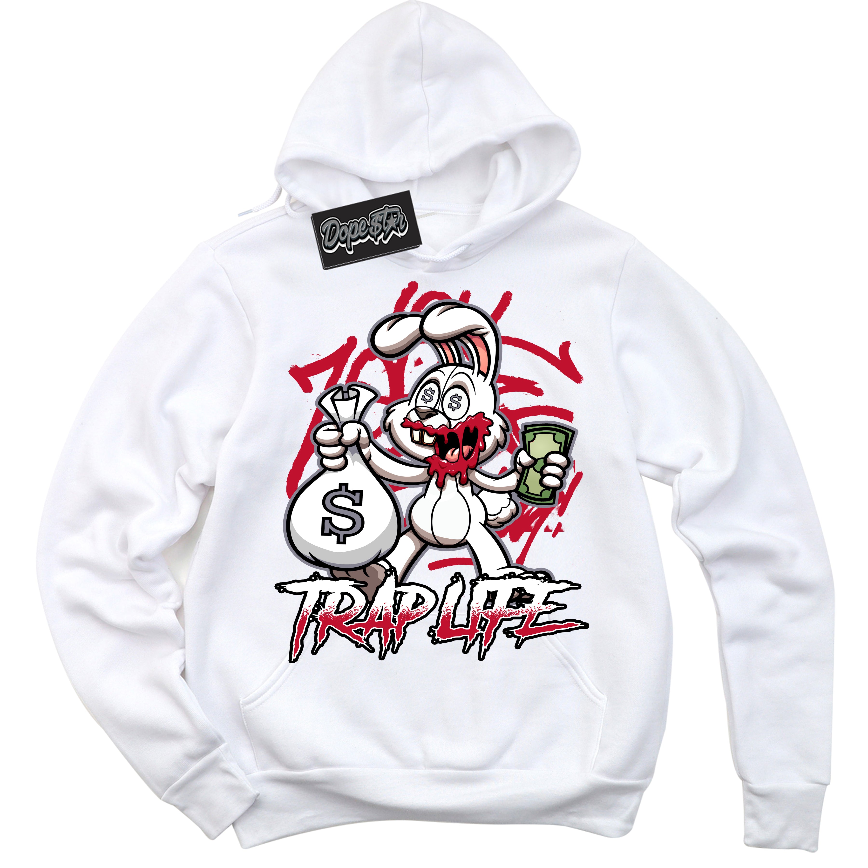 Cool White Hoodie with “ Trap Rabbit '' design that Perfectly Matches  Cement Grey Fire Red 1s Sneakers.