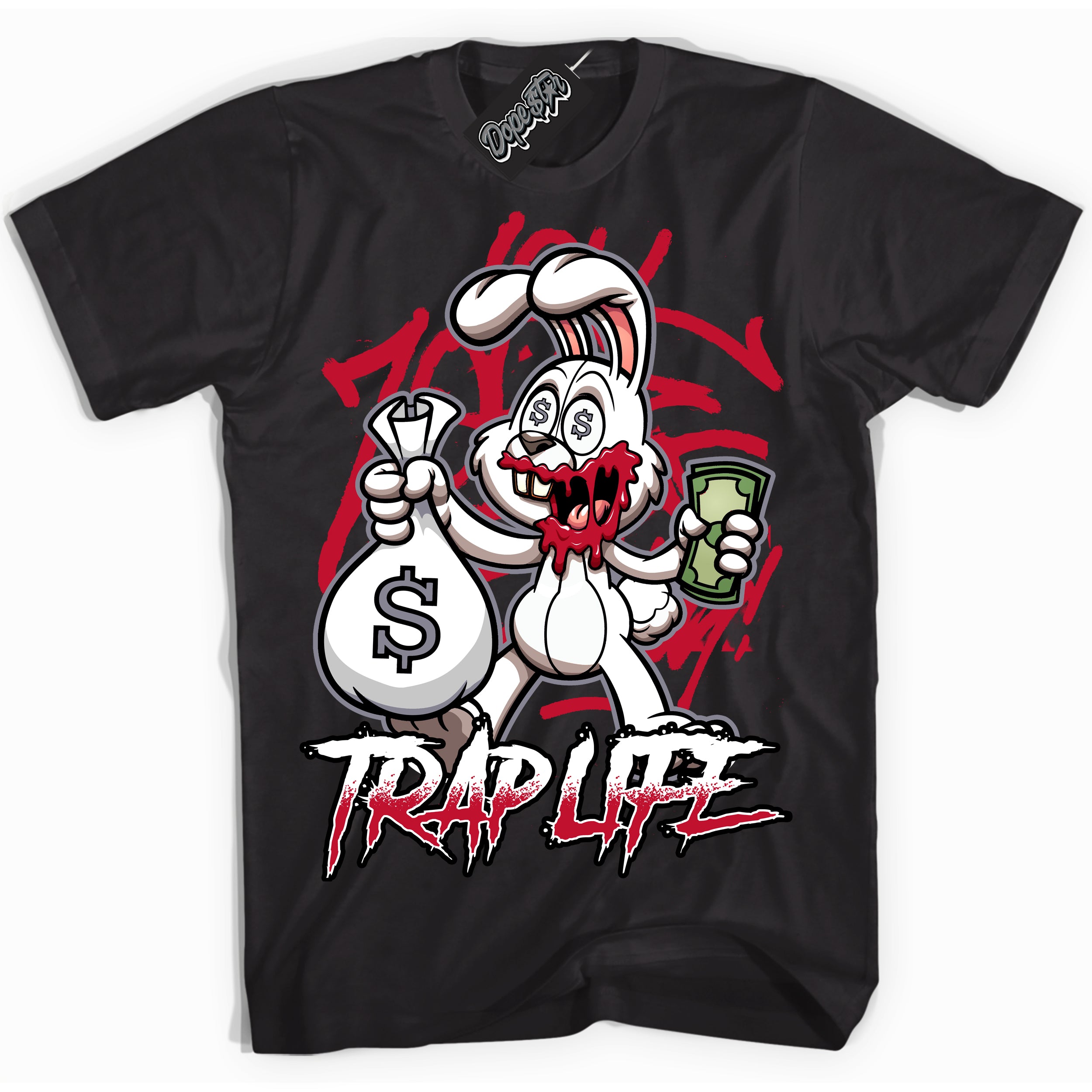 Cool Black Shirt with “ Trap Rabbit ” design that perfectly matches Cement Grey Fire Red 1s Sneakers.