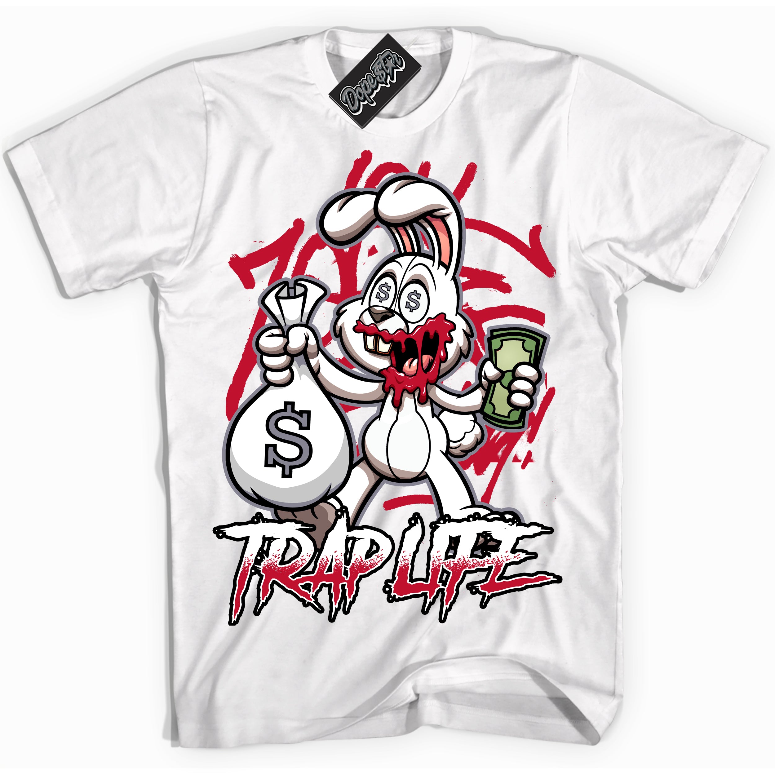 Cool White Shirt with “ Trap Rabbit ” design that perfectly matches Cement Grey Fire Red 1s Sneakers.