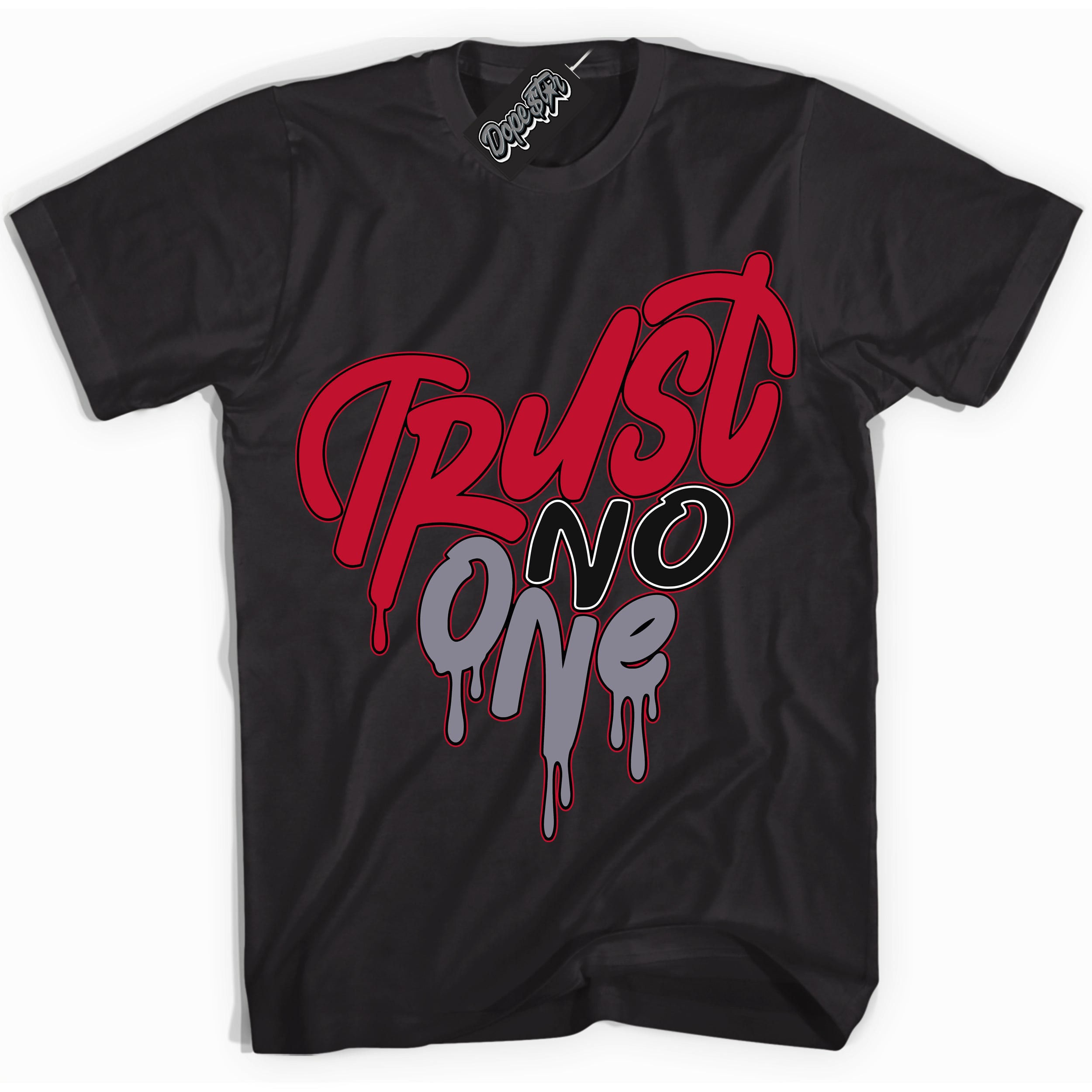 Cool Black Shirt with “ Trust No One Heart ” design that perfectly matches Cement Grey Fire Red 1s Sneakers.