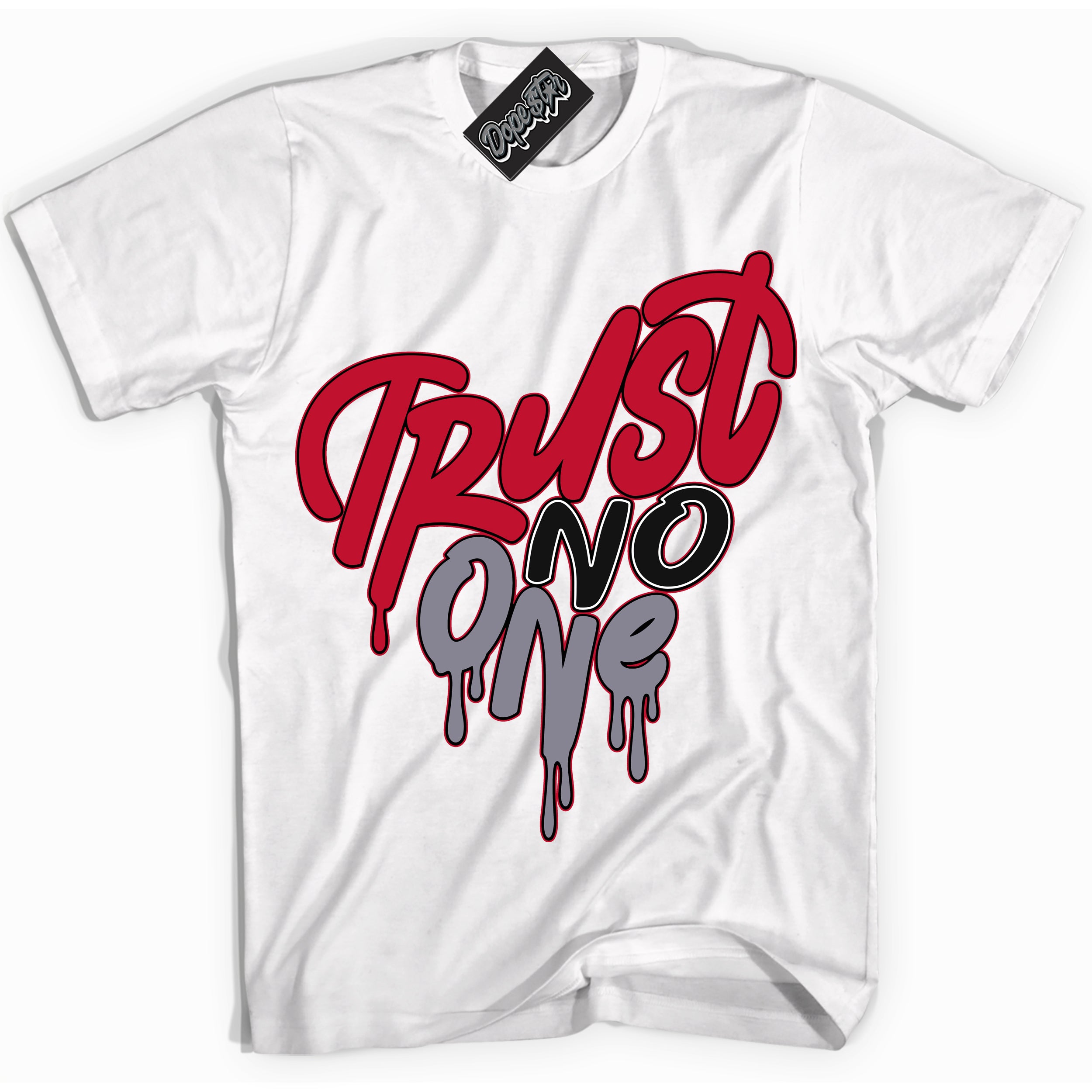 Cool White Shirt with “ Trust No One Heart ” design that perfectly matches Cement Grey Fire Red 1s Sneakers.