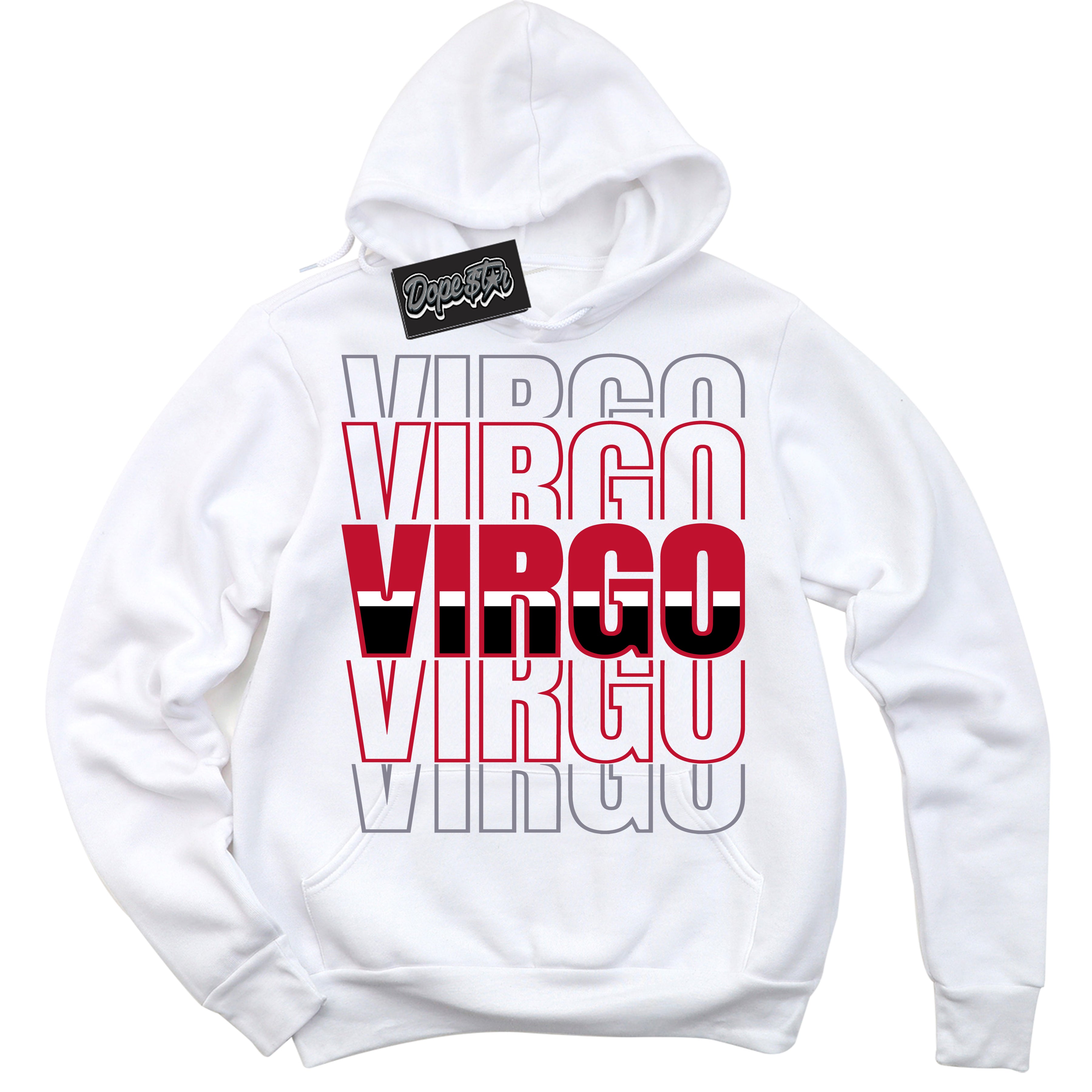 Cool White Hoodie with “ Virgo '' design that Perfectly Matches  Cement Grey Fire Red 1s Sneakers.