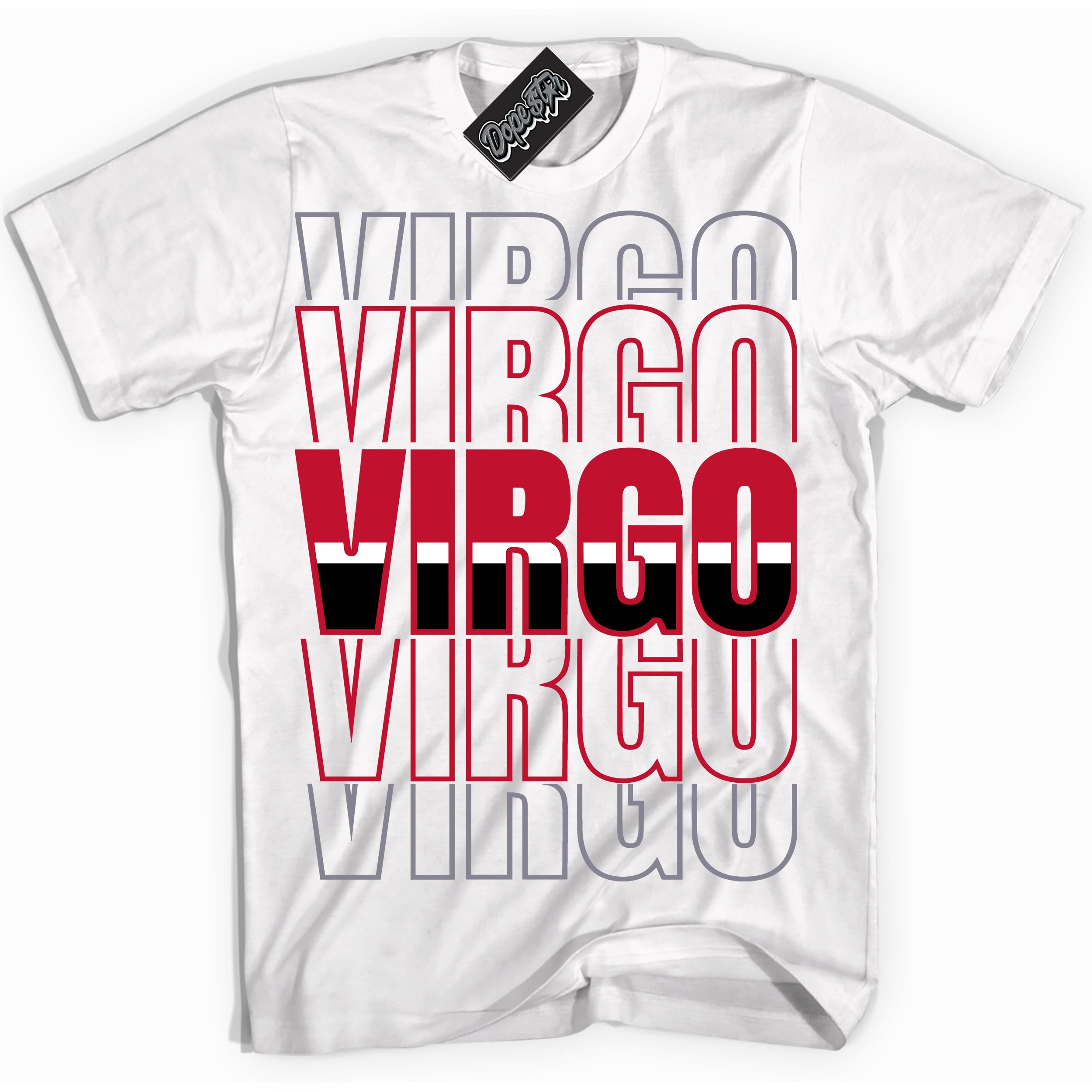 Cool White Shirt with “ Virgo ” design that perfectly matches Cement Grey Fire Red 1s Sneakers.