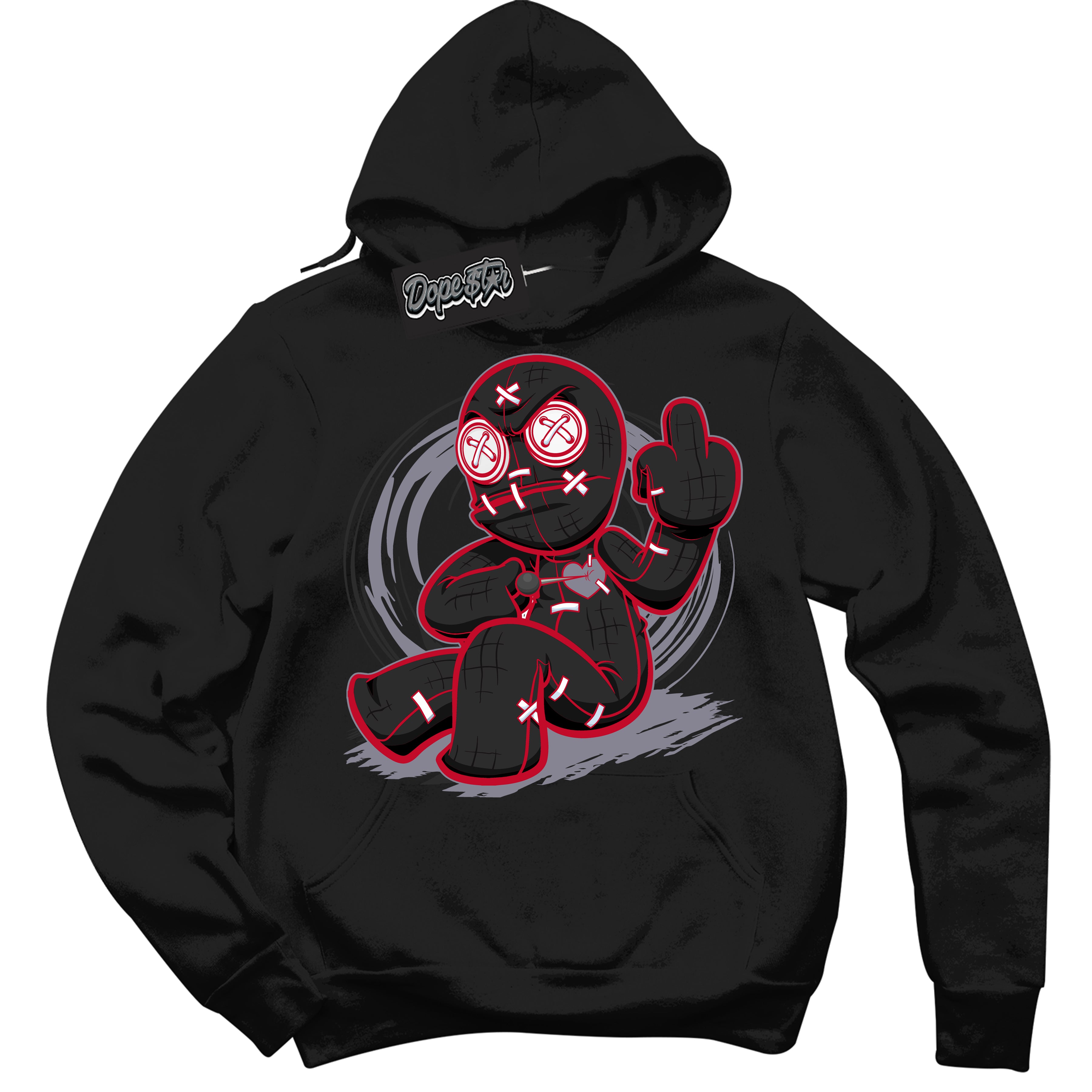 Cool Black Hoodie with “ Voodoo Doll '' design that Perfectly Matches  Cement Grey Fire Red 1s Sneakers.