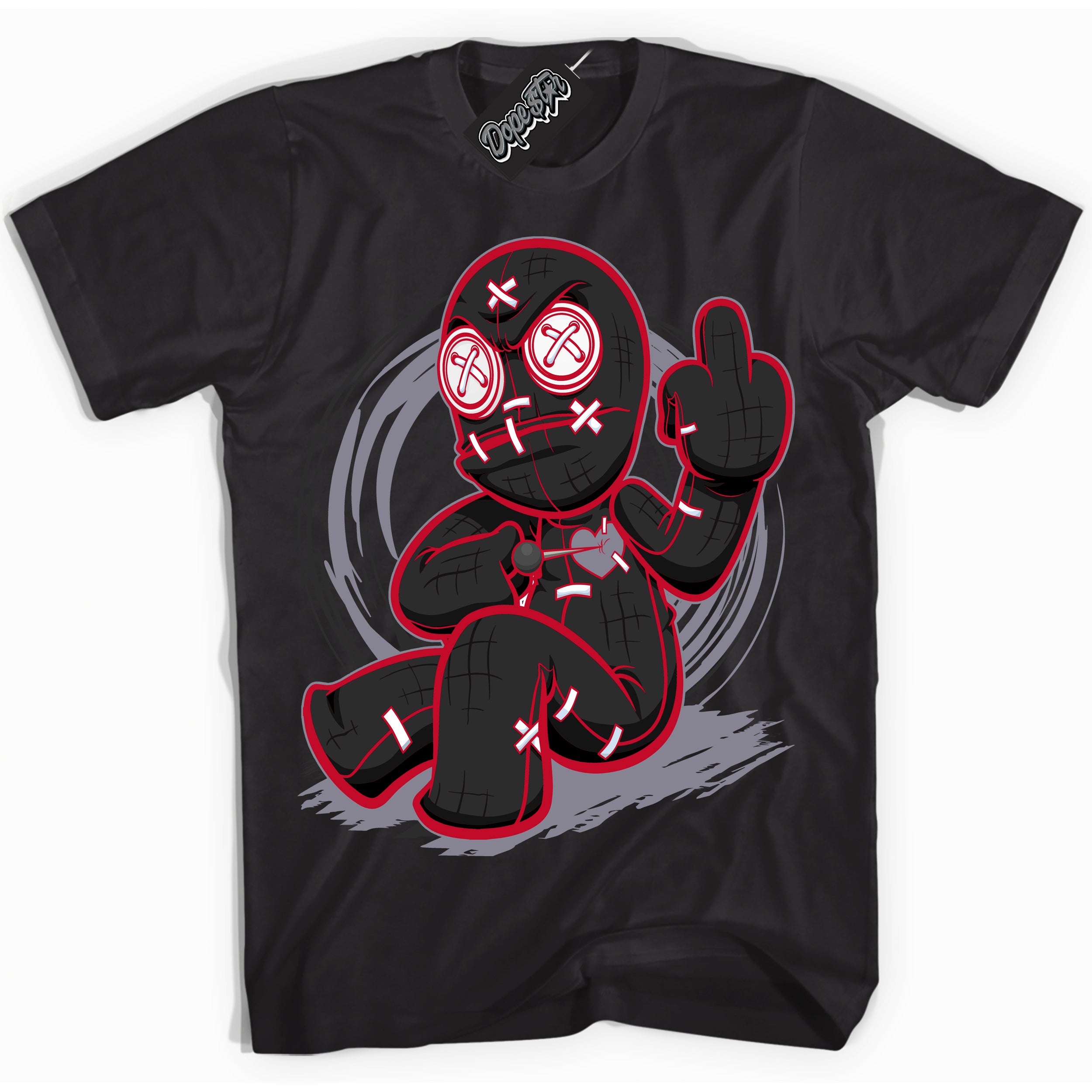 Cool Black Shirt with “ Voodoo Doll ” design that perfectly matches Cement Grey Fire Red 1s Sneakers.