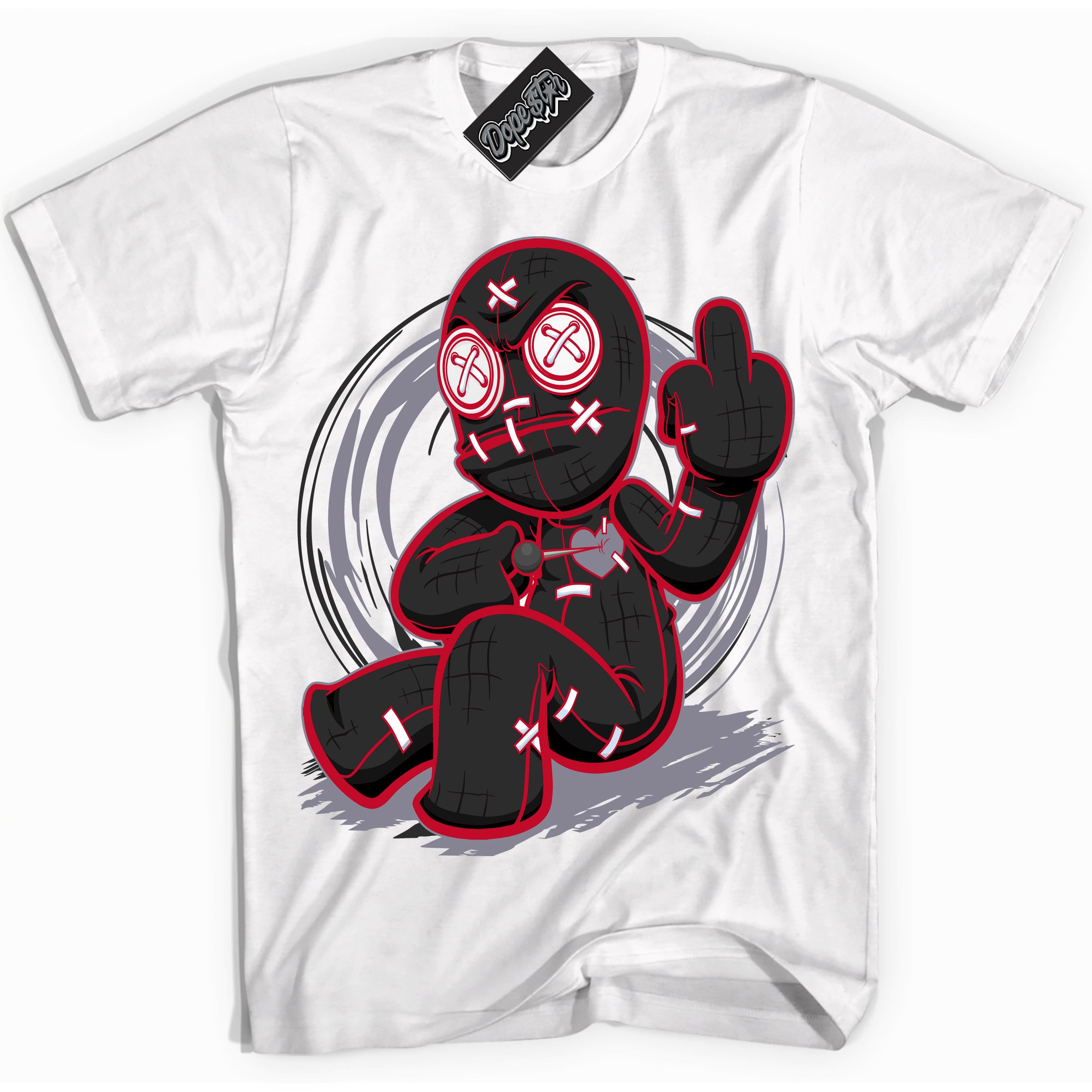 Cool White Shirt with “ Voodoo Doll ” design that perfectly matches Cement Grey Fire Red 1s Sneakers.