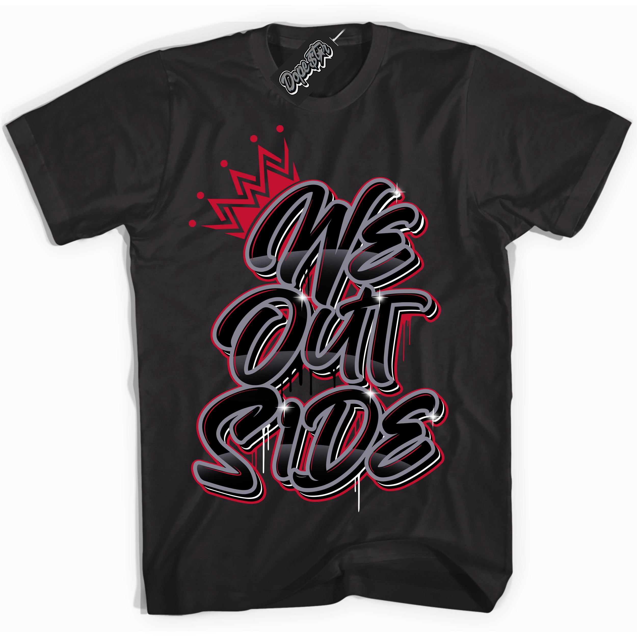 Cool Black Shirt with “ We Outside ” design that perfectly matches Cement Grey Fire Red 1s Sneakers.